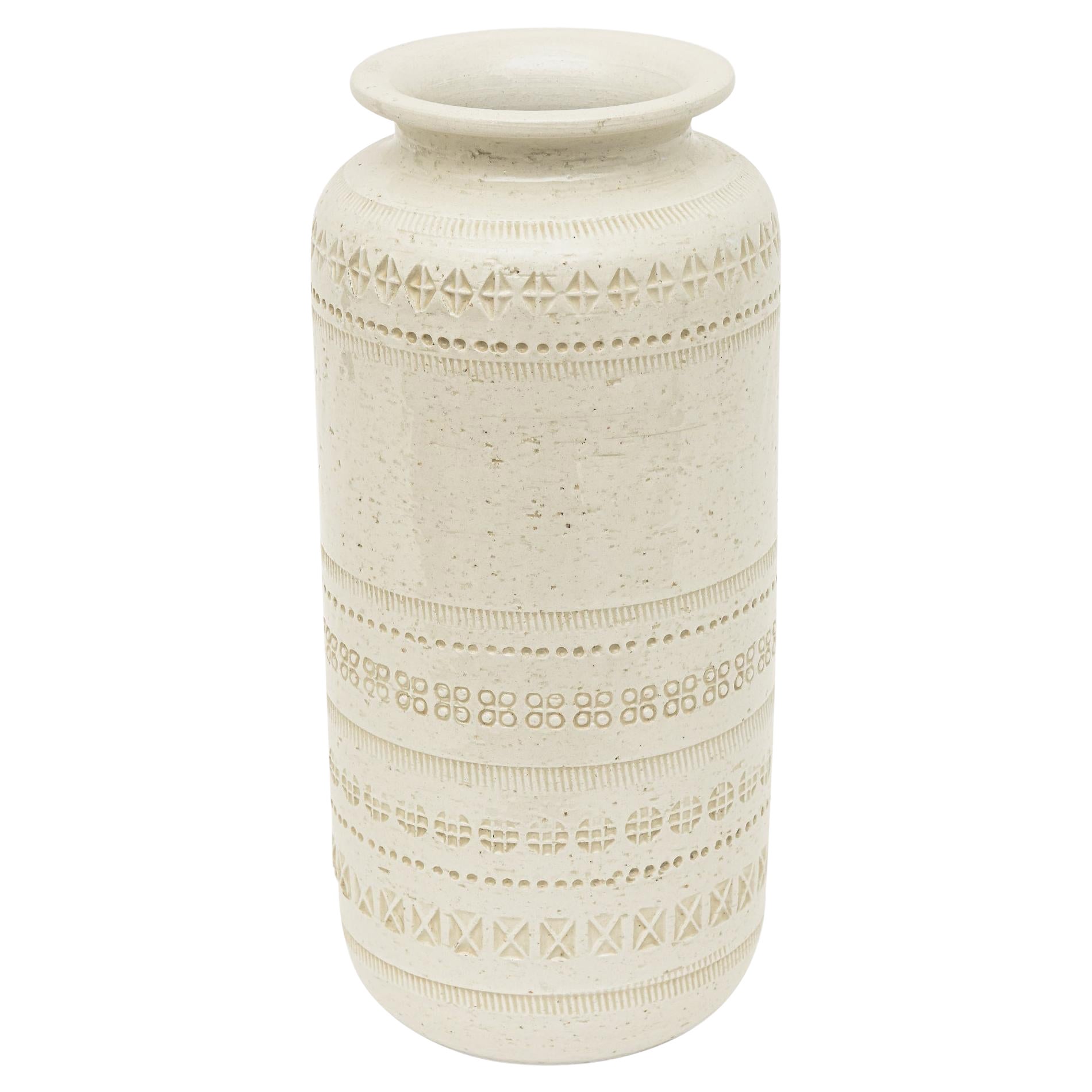 Vintage Hallmarked Bitossi Incised Off White Ceramic Textural Vase Italian