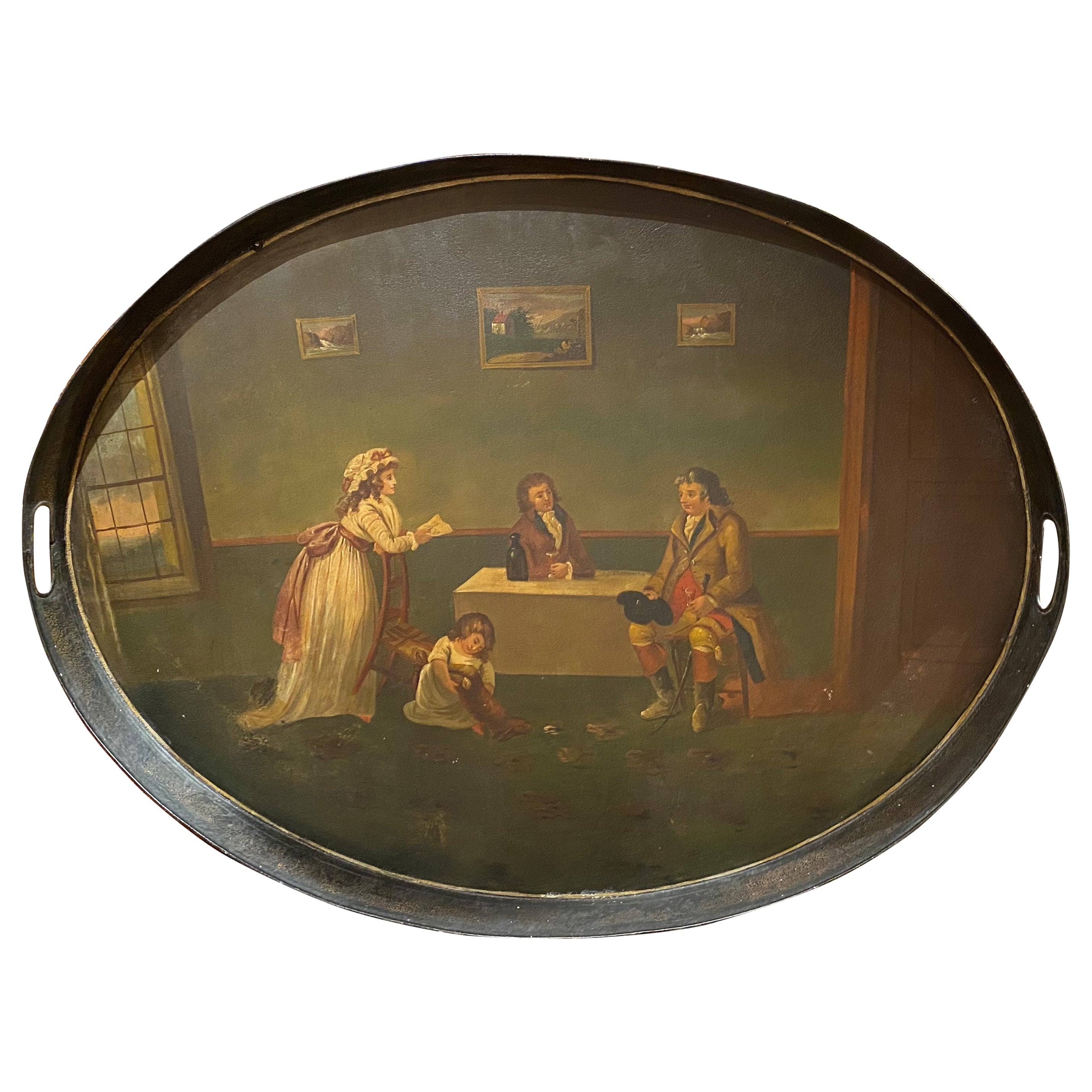 Early 19th Century Tole Painted Tray with Interior Genre Scene, Probably English For Sale