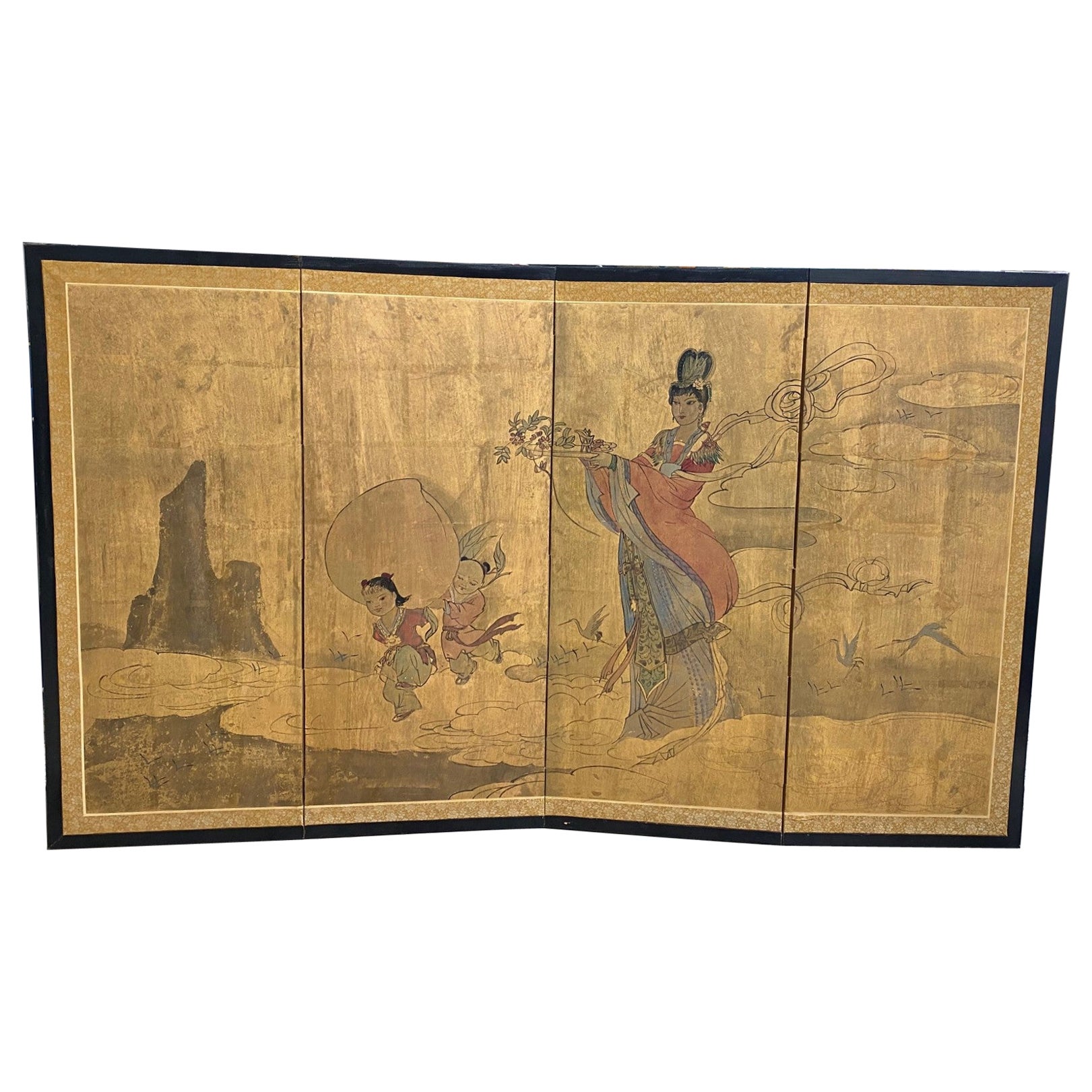 Japanese Chinese Asian FourPanel Byobu Folding Screen Landscape with