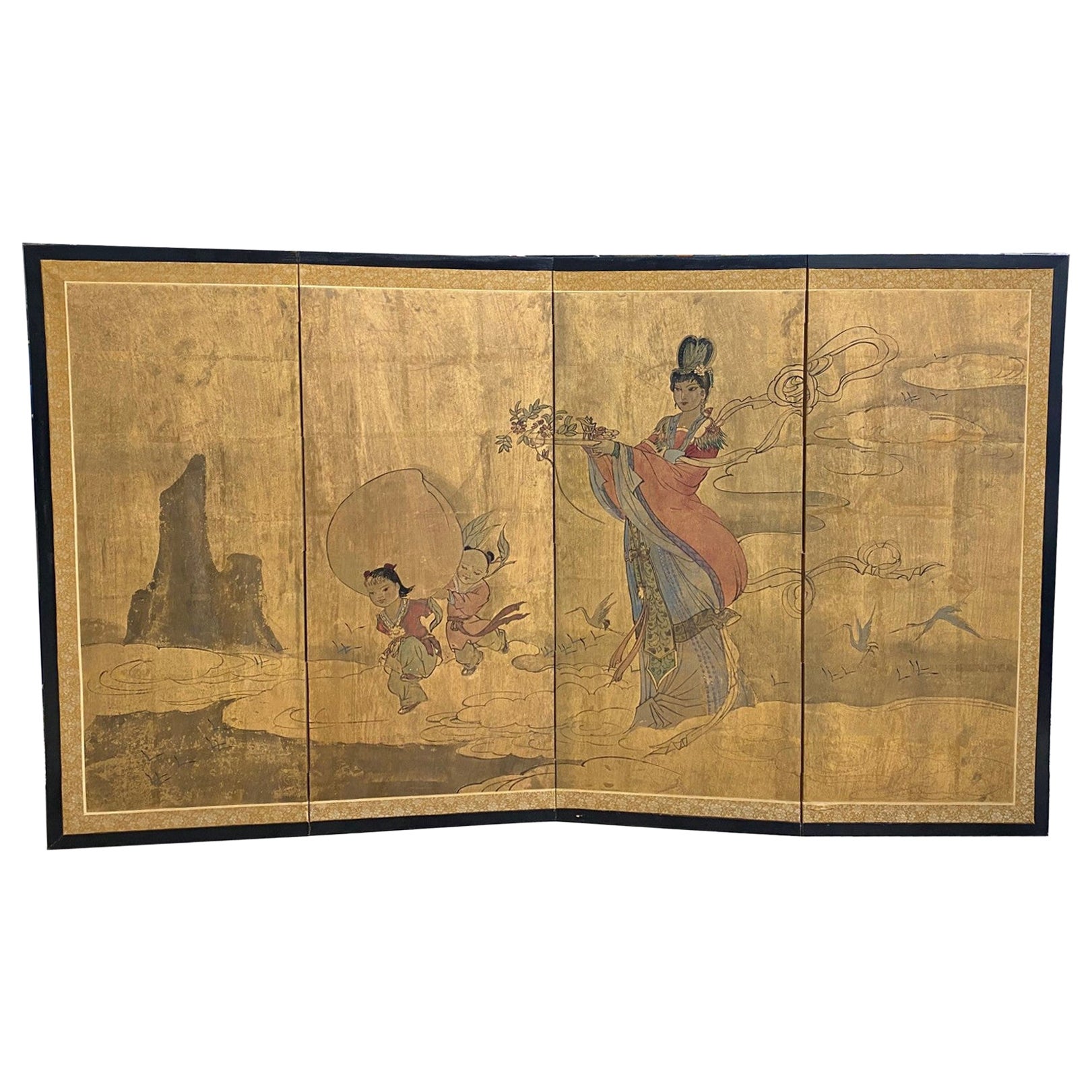 Japanese Chinese Asian Four-Panel Byobu Folding Screen Landscape with Children