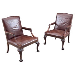 Antique Pair of English Chippendale-Style Gainsborough Leather Arm Chairs