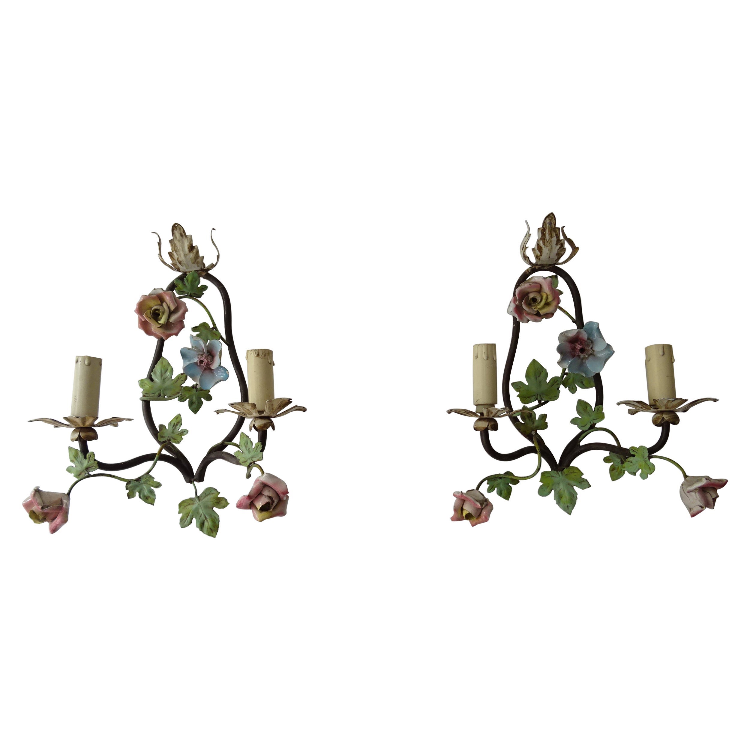 French Tole Porcelain Flowers Grape Leaves Sconces, circa 1920 For Sale