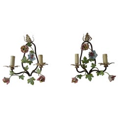 French Tole Porcelain Flowers Grape Leaves Sconces, circa 1920