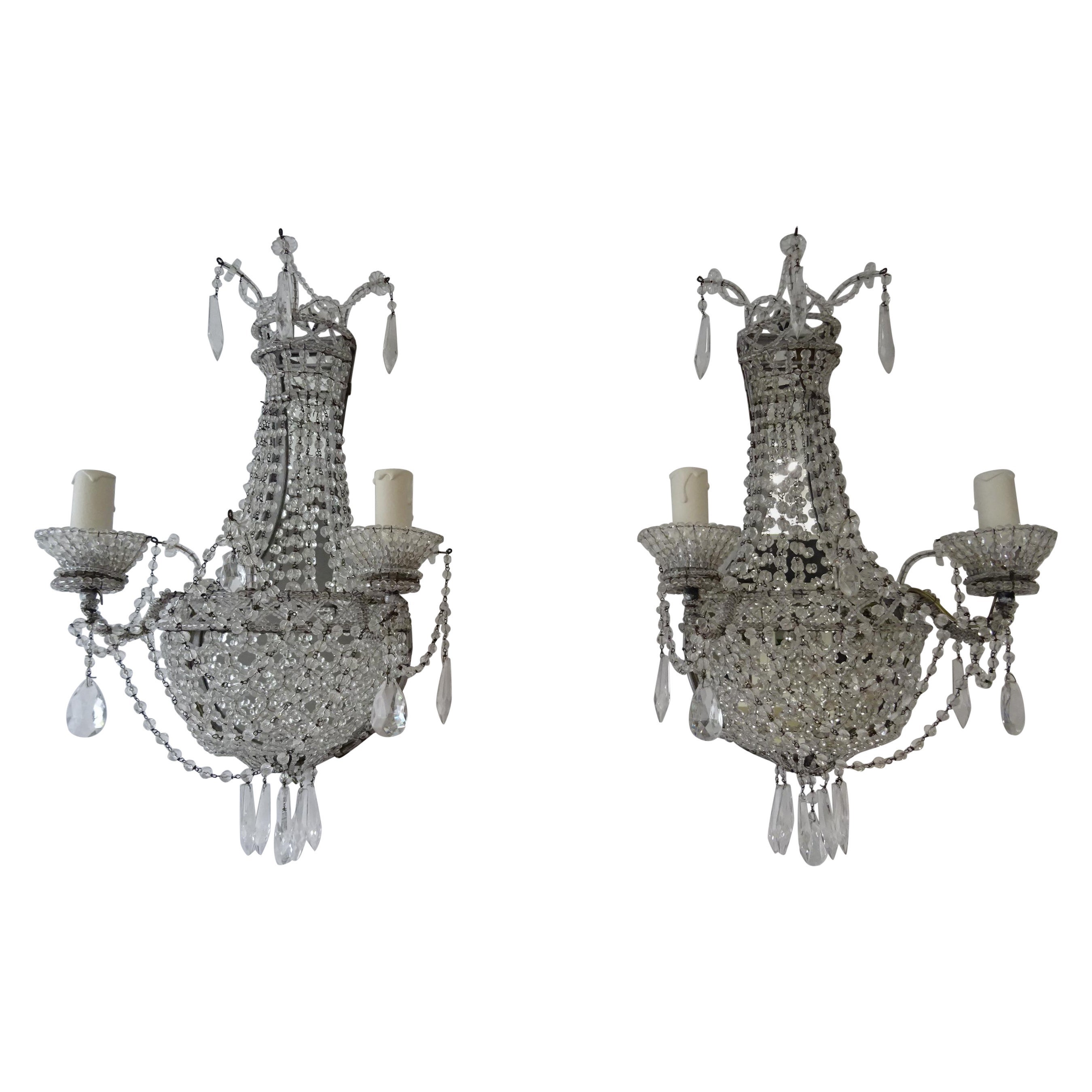 French Crystal Beaded Basket with Prisms and Mirrors Sconces, circa 1940 For Sale