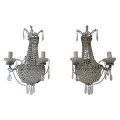 Vintage French Crystal Beaded Basket with Prisms and Mirrors Sconces, circa 1940