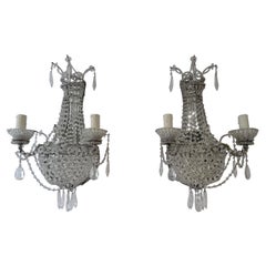 French Crystal Beaded Basket with Prisms and Mirrors Sconces, circa 1940 RARE