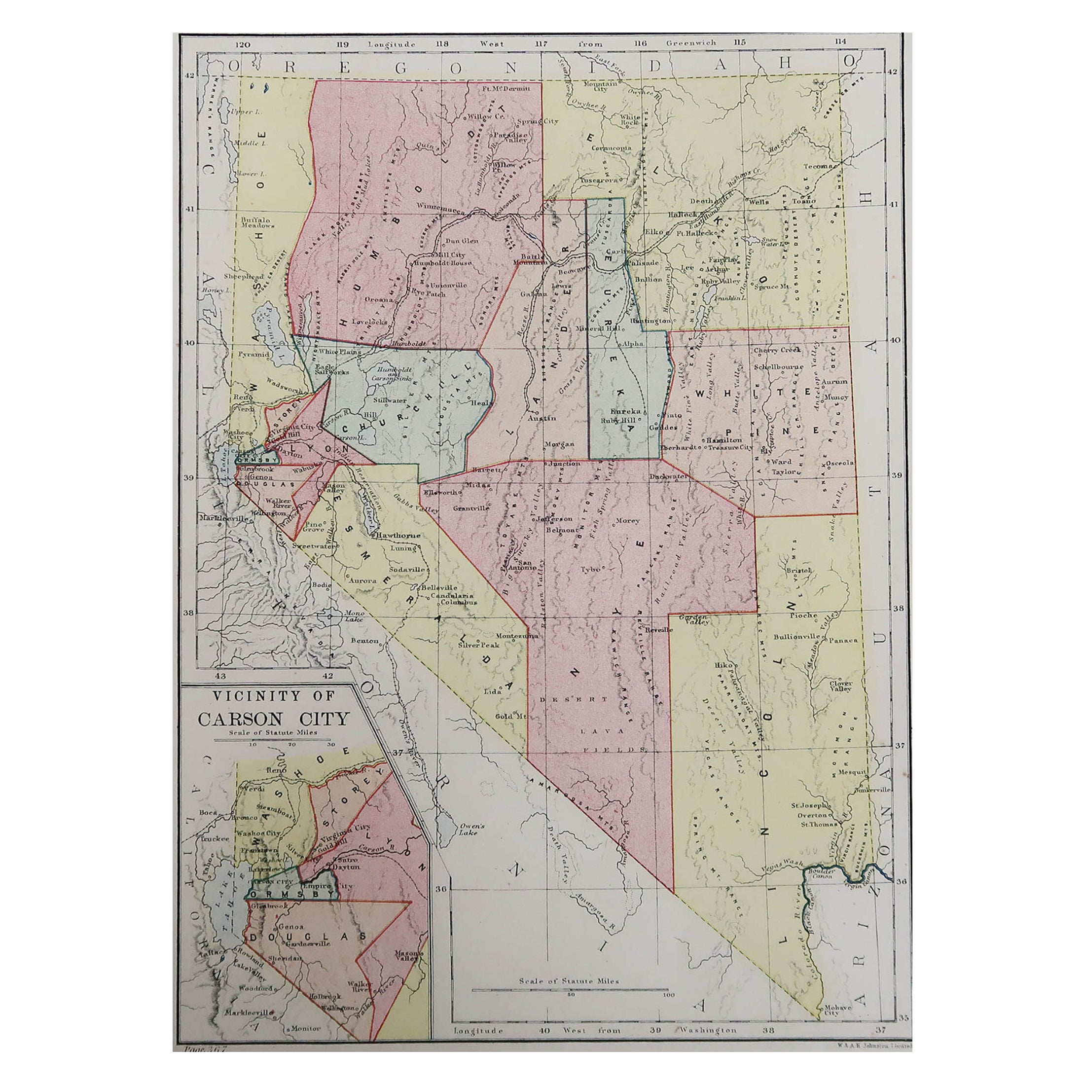 Original Antique Map of the American State of Nevada, 1889 For Sale