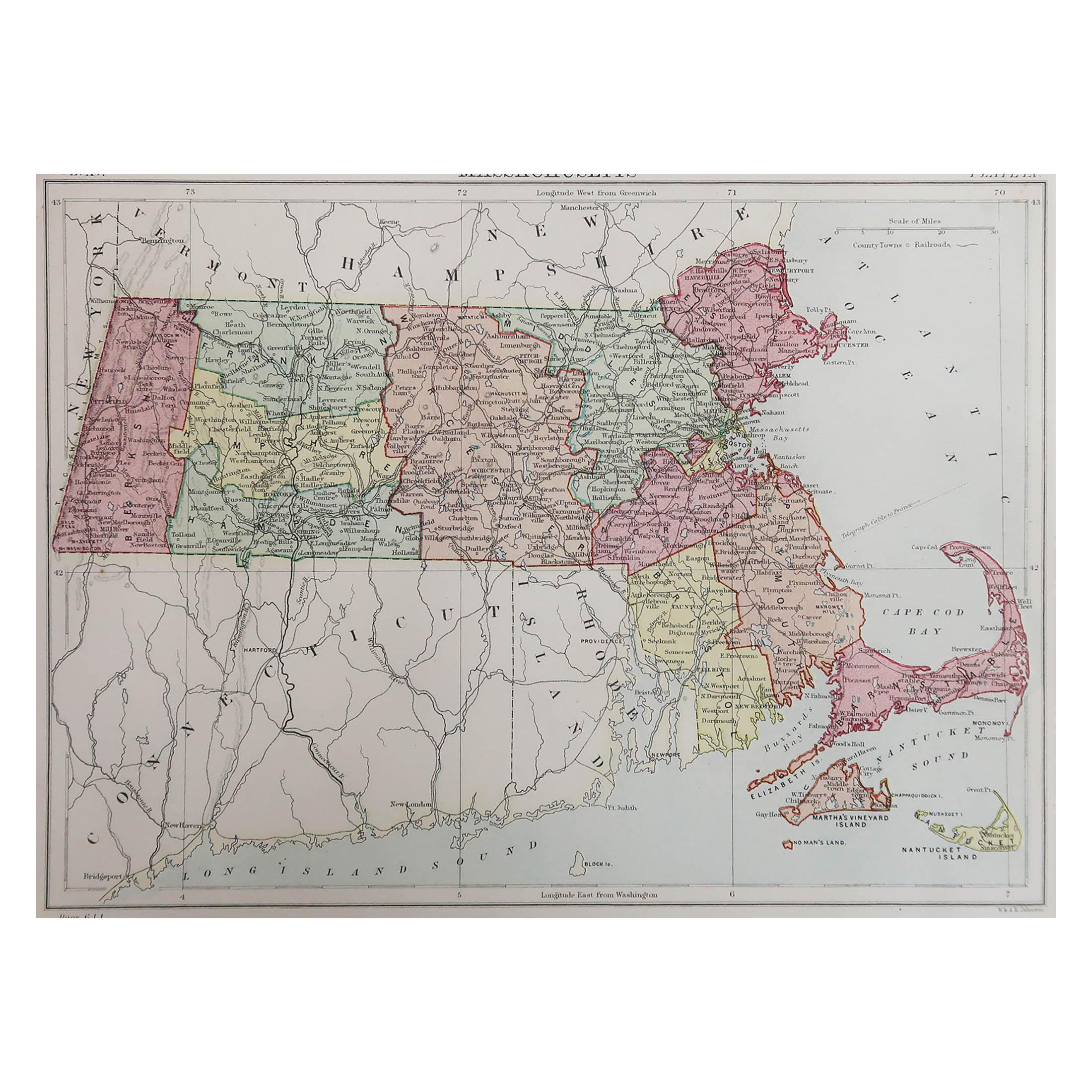 Original Antique Map of the American State of Massachusetts, 1889