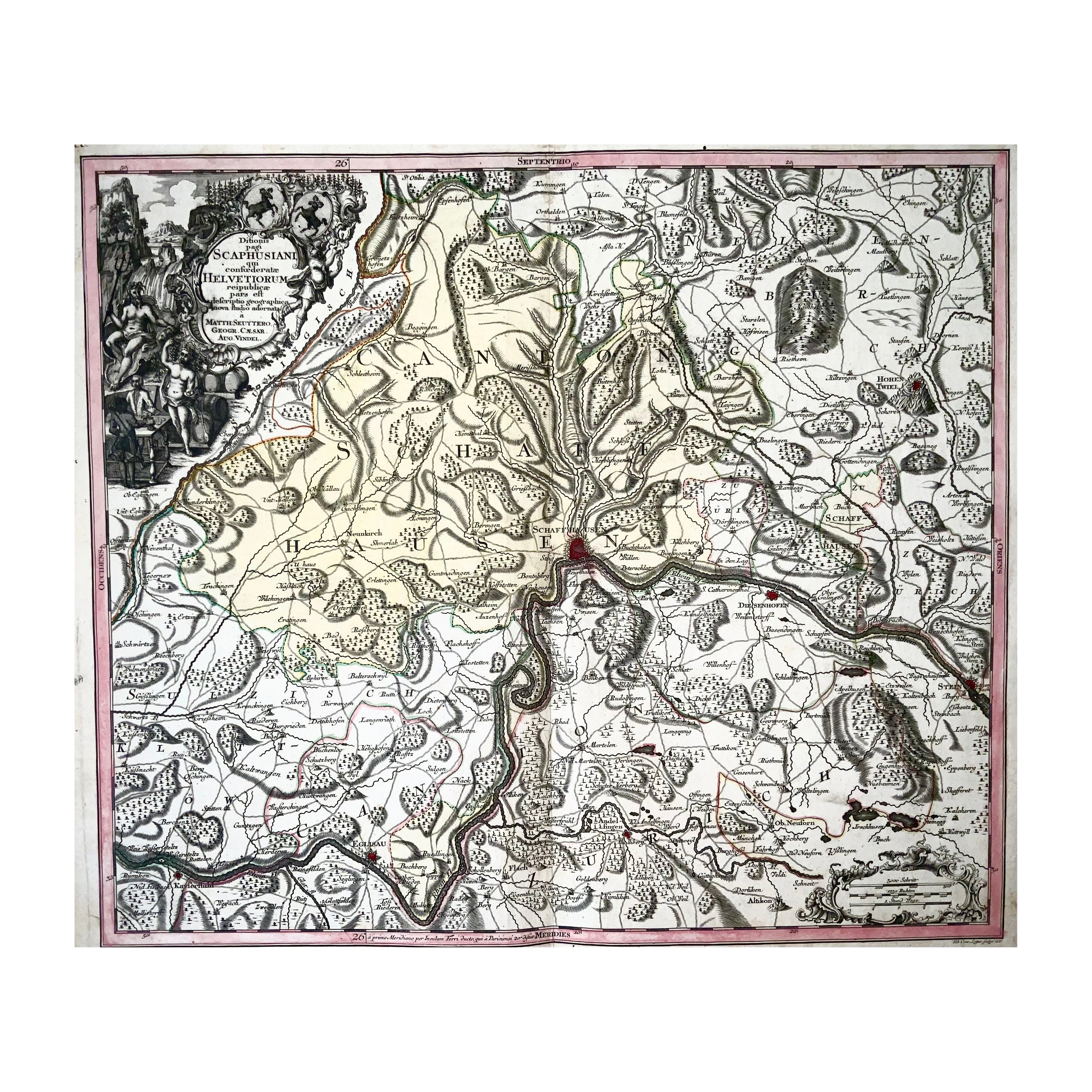 1750 Schaffhausen, Seutter, große und detaillierte Karte der Schweiz im Angebot