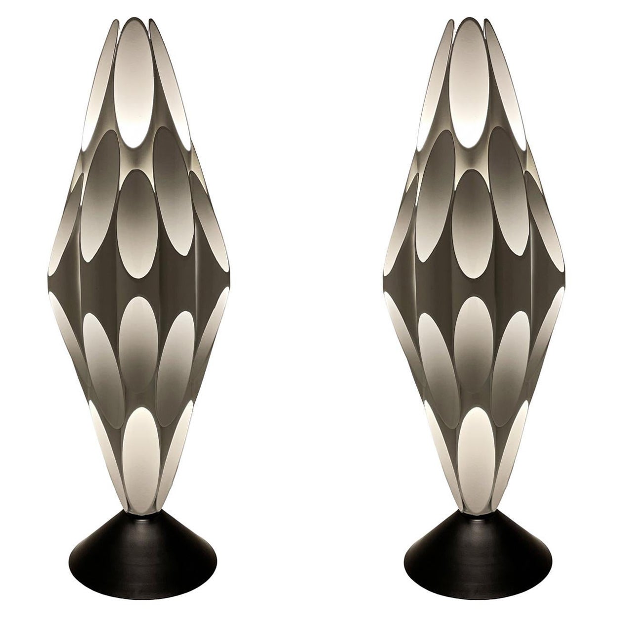 Pair of Space Age Post Modern Table Lamps in Black & White After Rougier For Sale