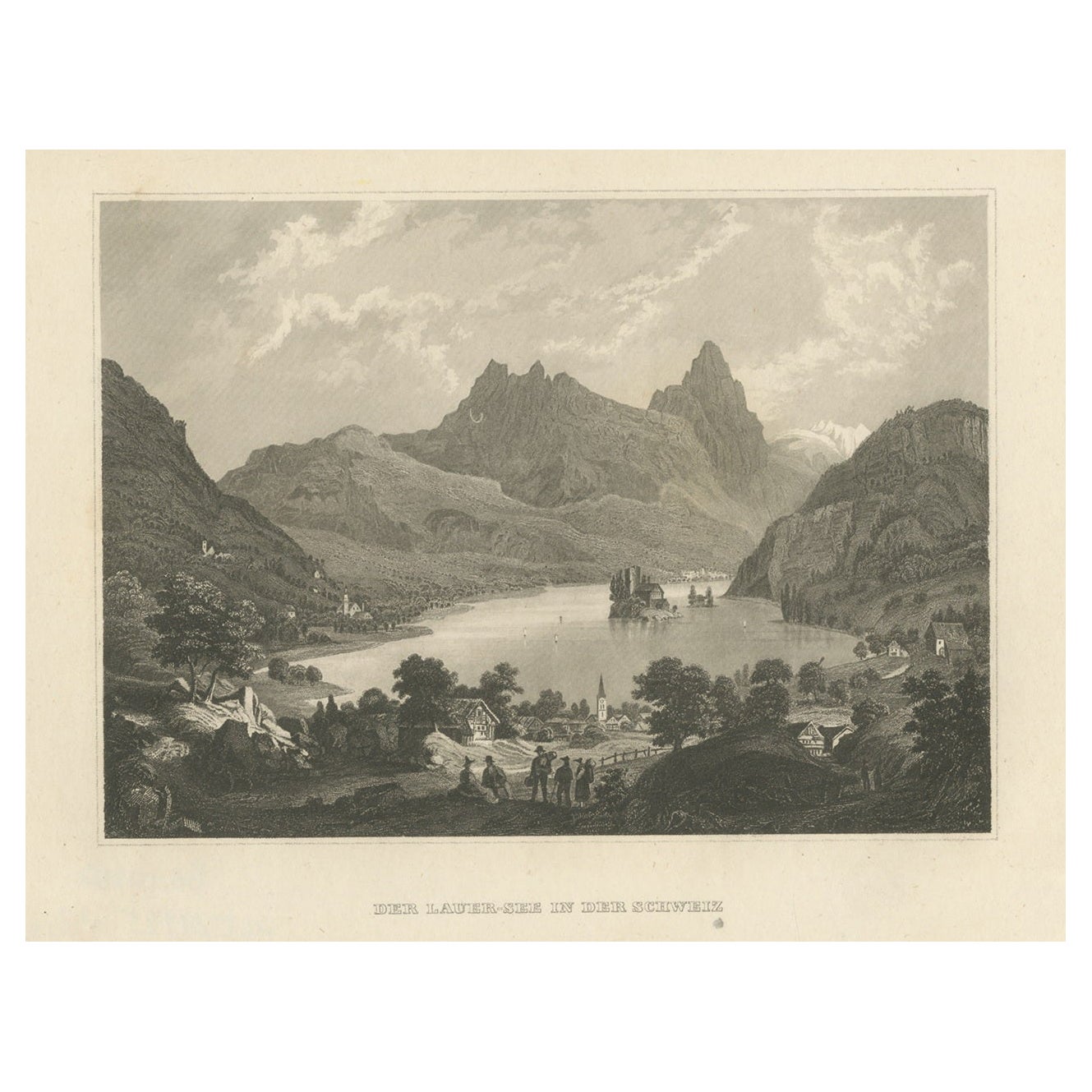 Estampa antigua del lago Lauerz, Schwyz, Suiza