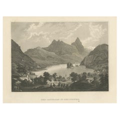 Estampa antigua del lago Lauerz, Schwyz, Suiza