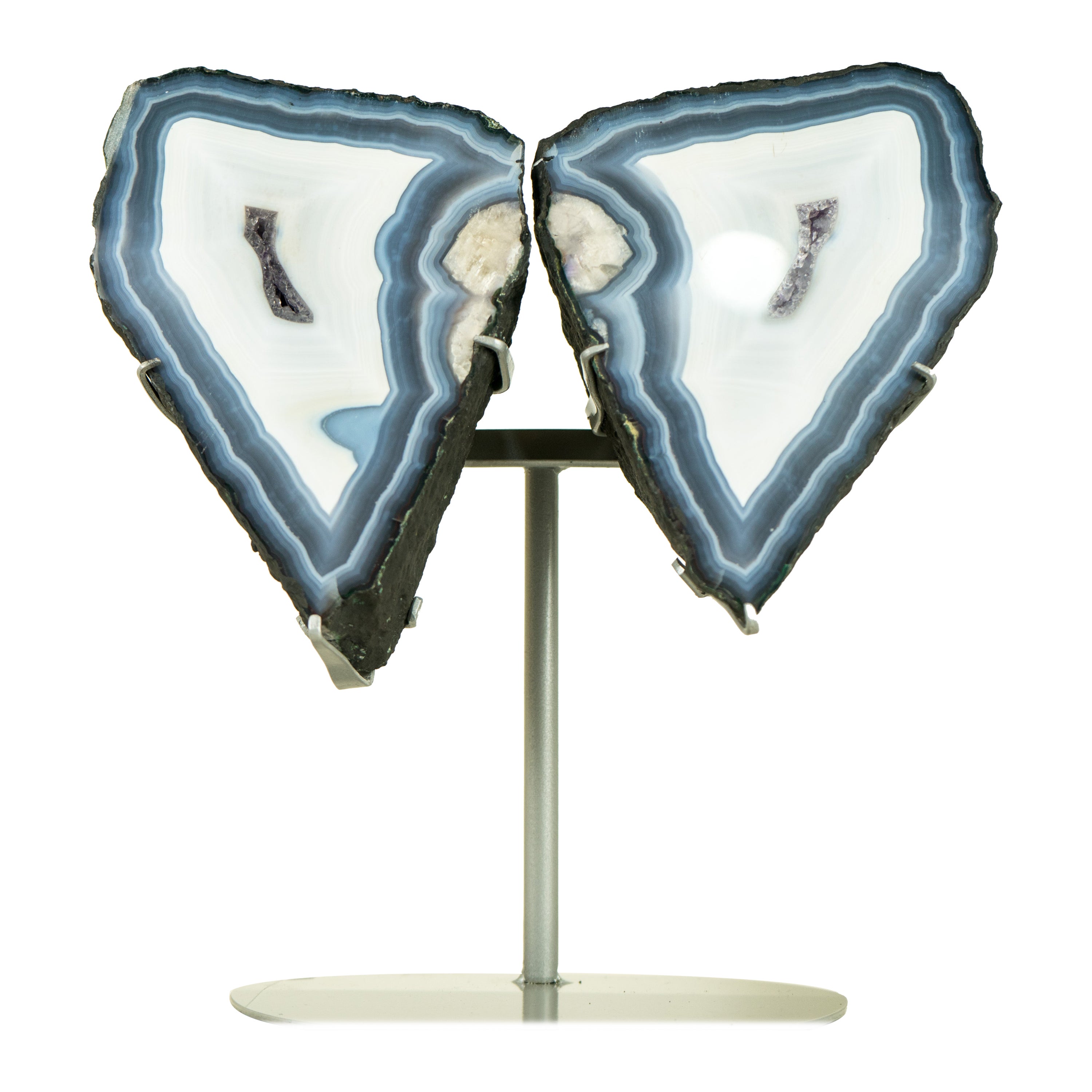 Blaue Schmetterlingsflügel aus Spitzen-Achat mit AAA-Achat und Amethyst Druzy
