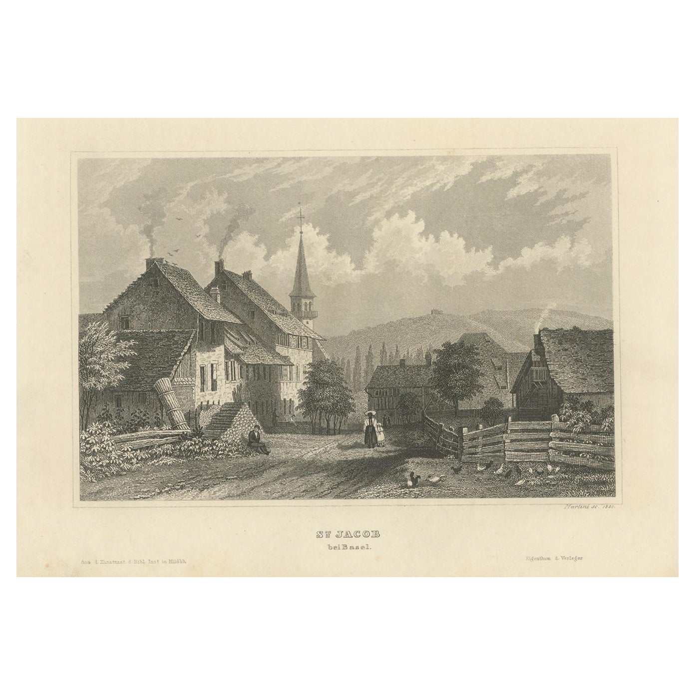Antique Print of St. Jacob, Near Basel, Switzerland For Sale