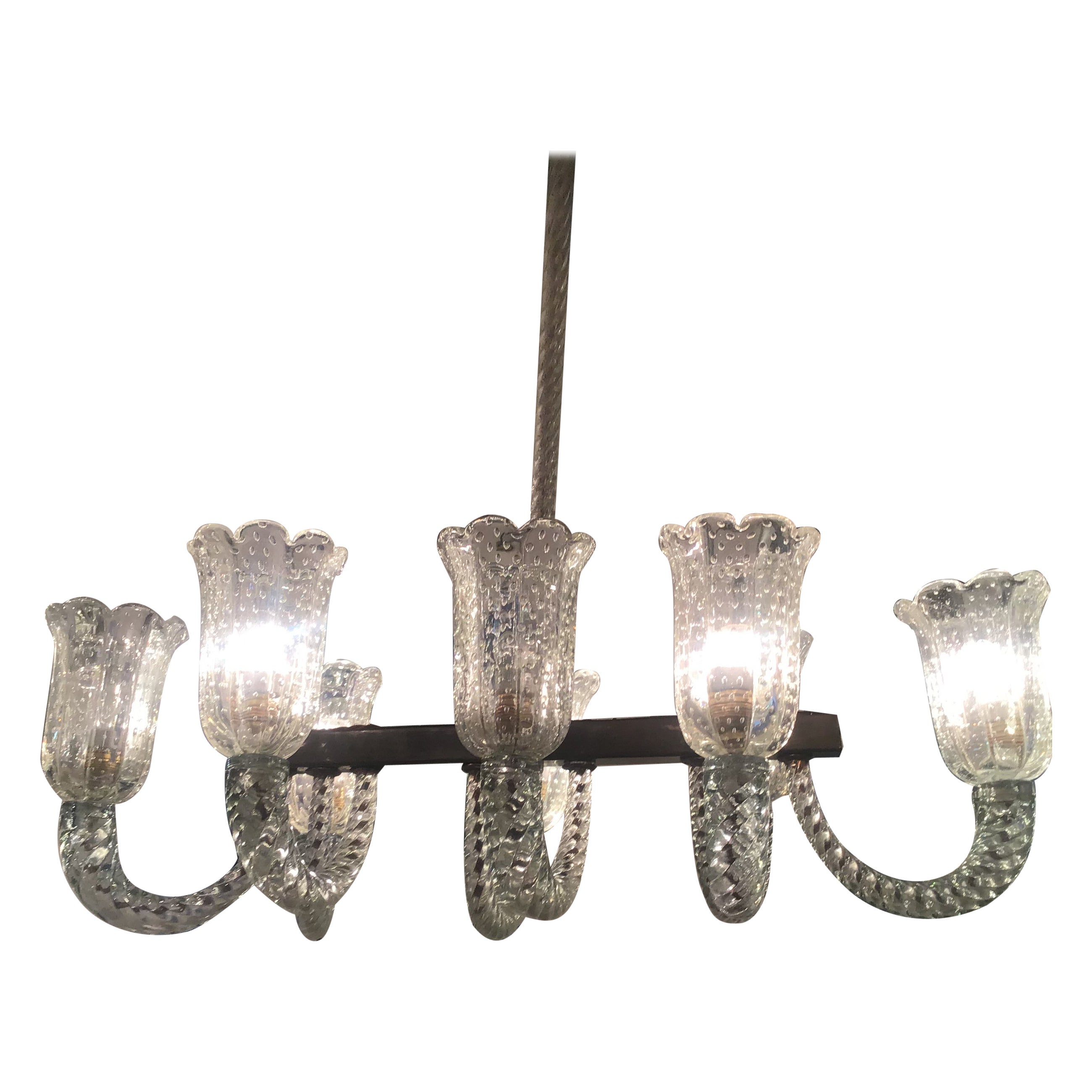 Barovier e Toso Lampadario Murano Glass Brass Iron, 1940, Italy For Sale