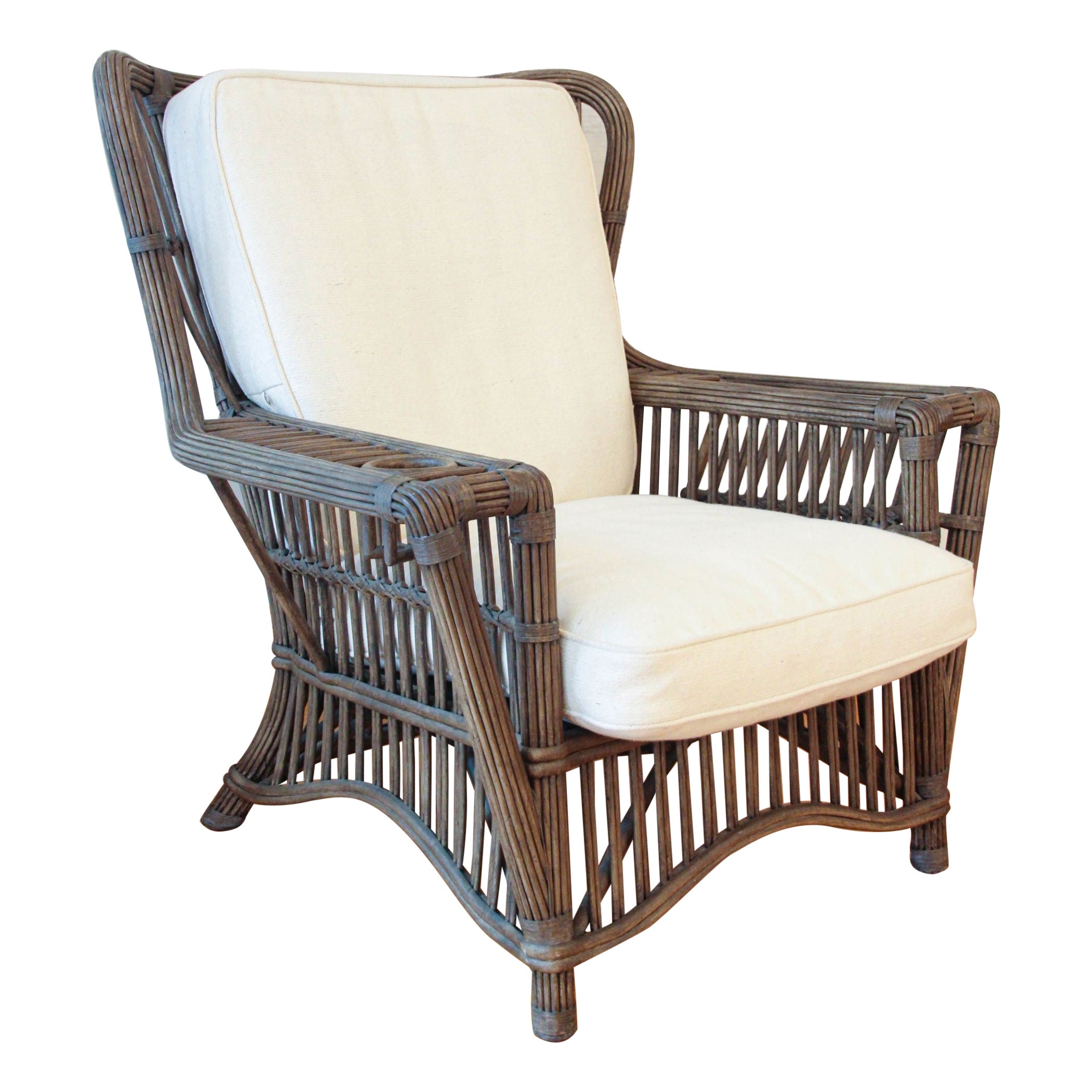 Brown Rattan Wing Wicker President Lounge Armchair Bielecky Brothers Style