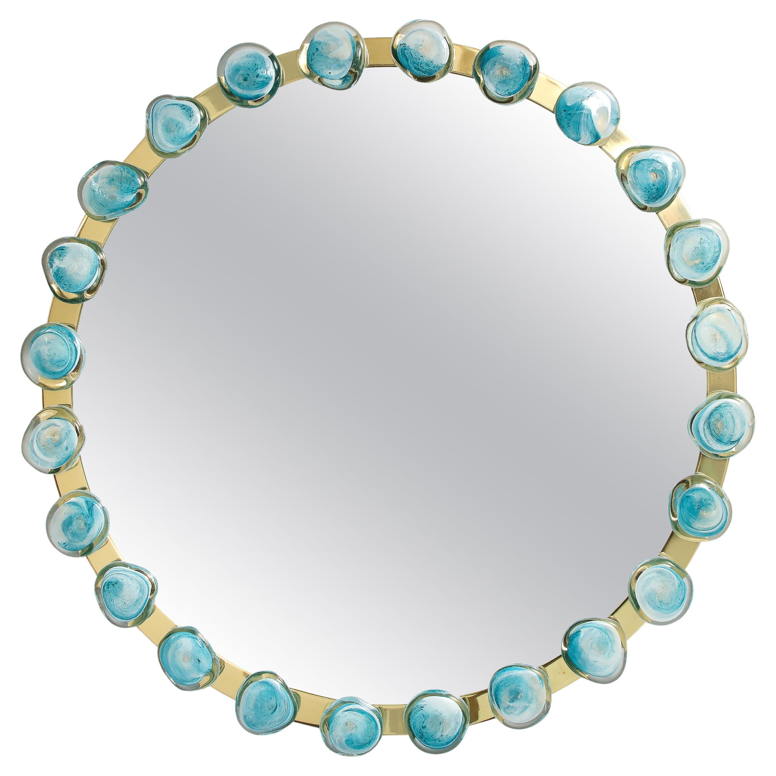 Large Circular Mirror With Blue Murano Ornements For Sale