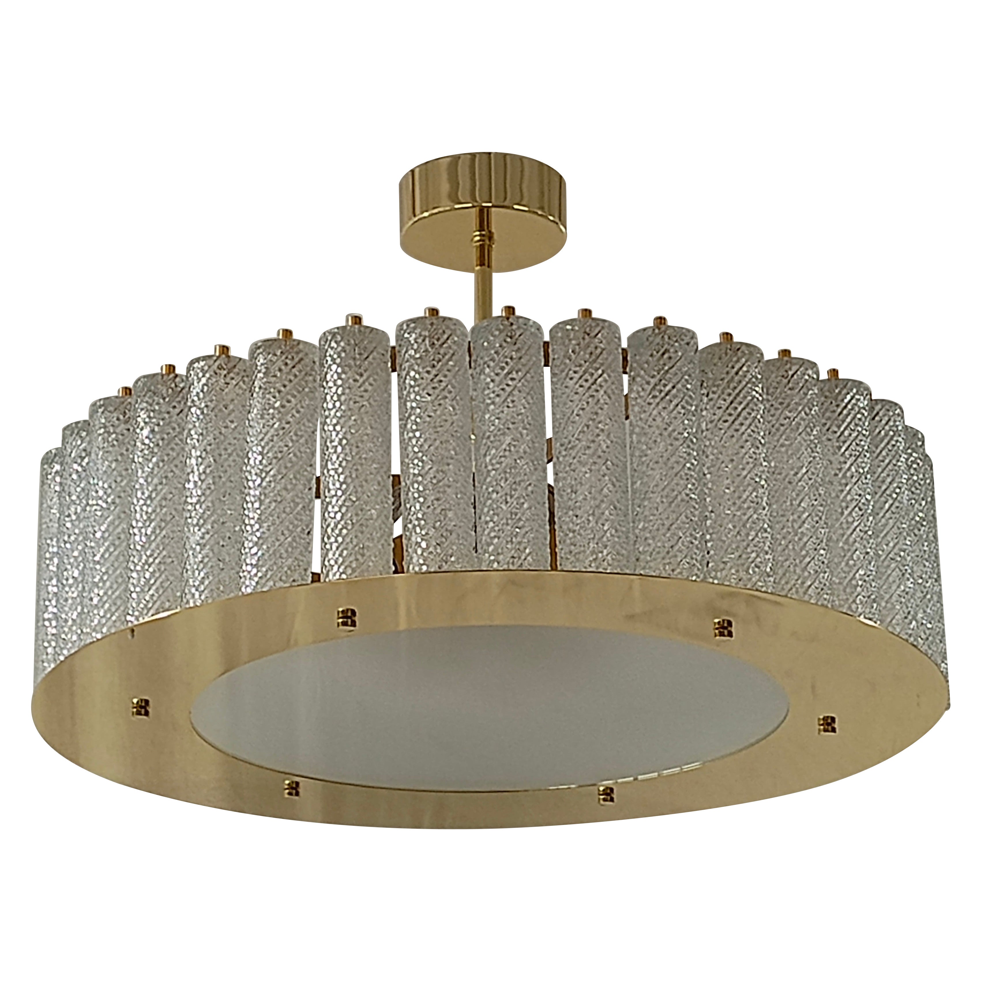 Midcentury Round Murano Art Glass and Brass Chandelier and Pendant, 2020 For Sale