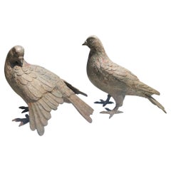 Japanese Antique Hand Cast Pair Bronze Pigeons, Beautiful Details