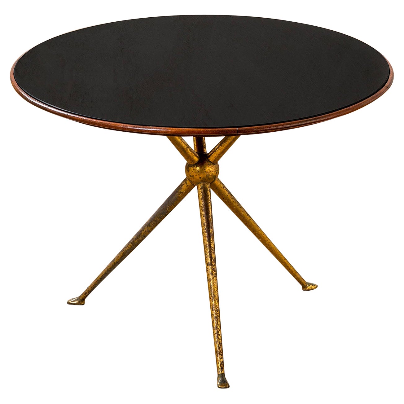 20th Century Osvaldo Borsani Tripod Side Table Brass, Wood and Glass for Abv 50s For Sale