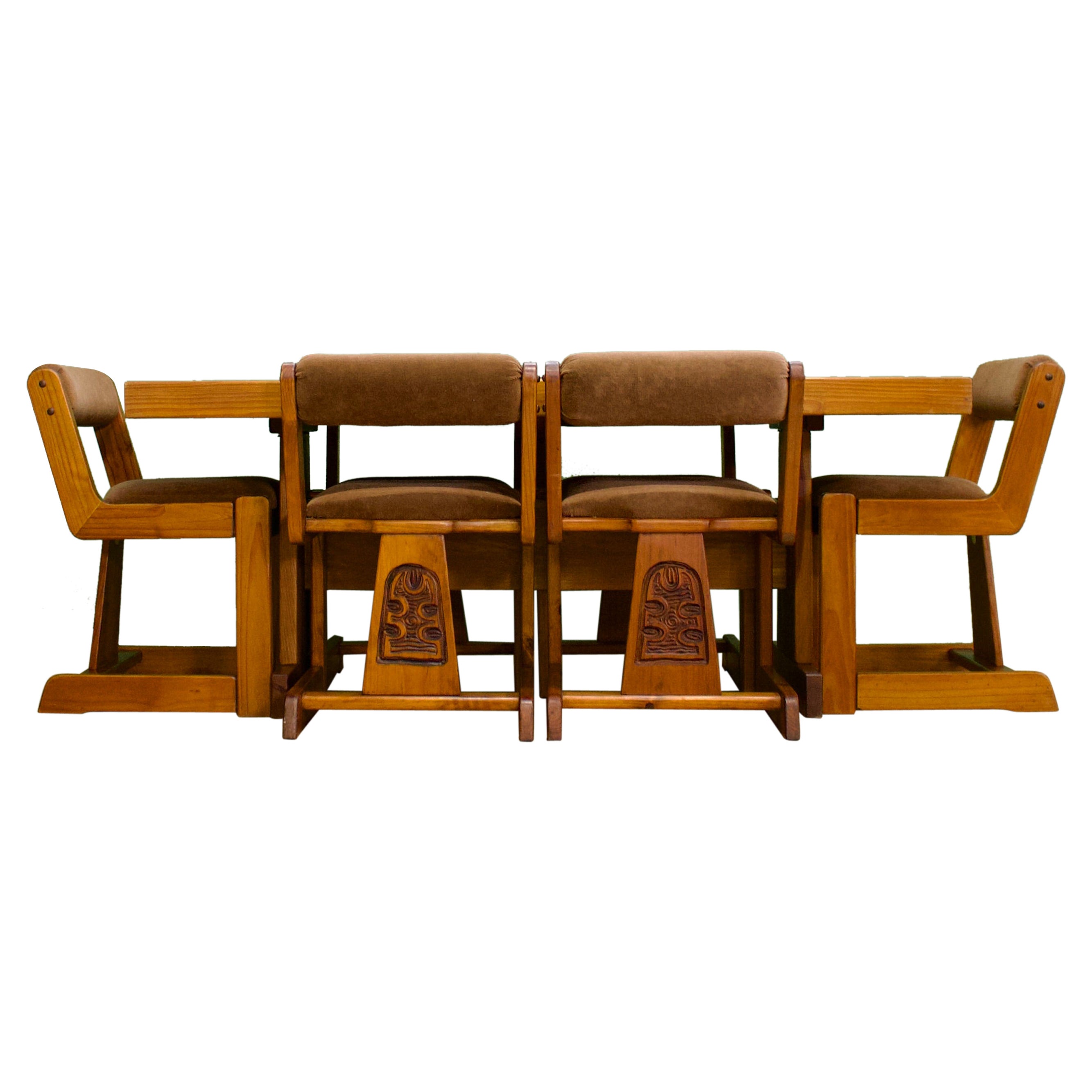 Midcentury 1970s Carved Pine Dining Table & 6 Chairs South African, Set of 7