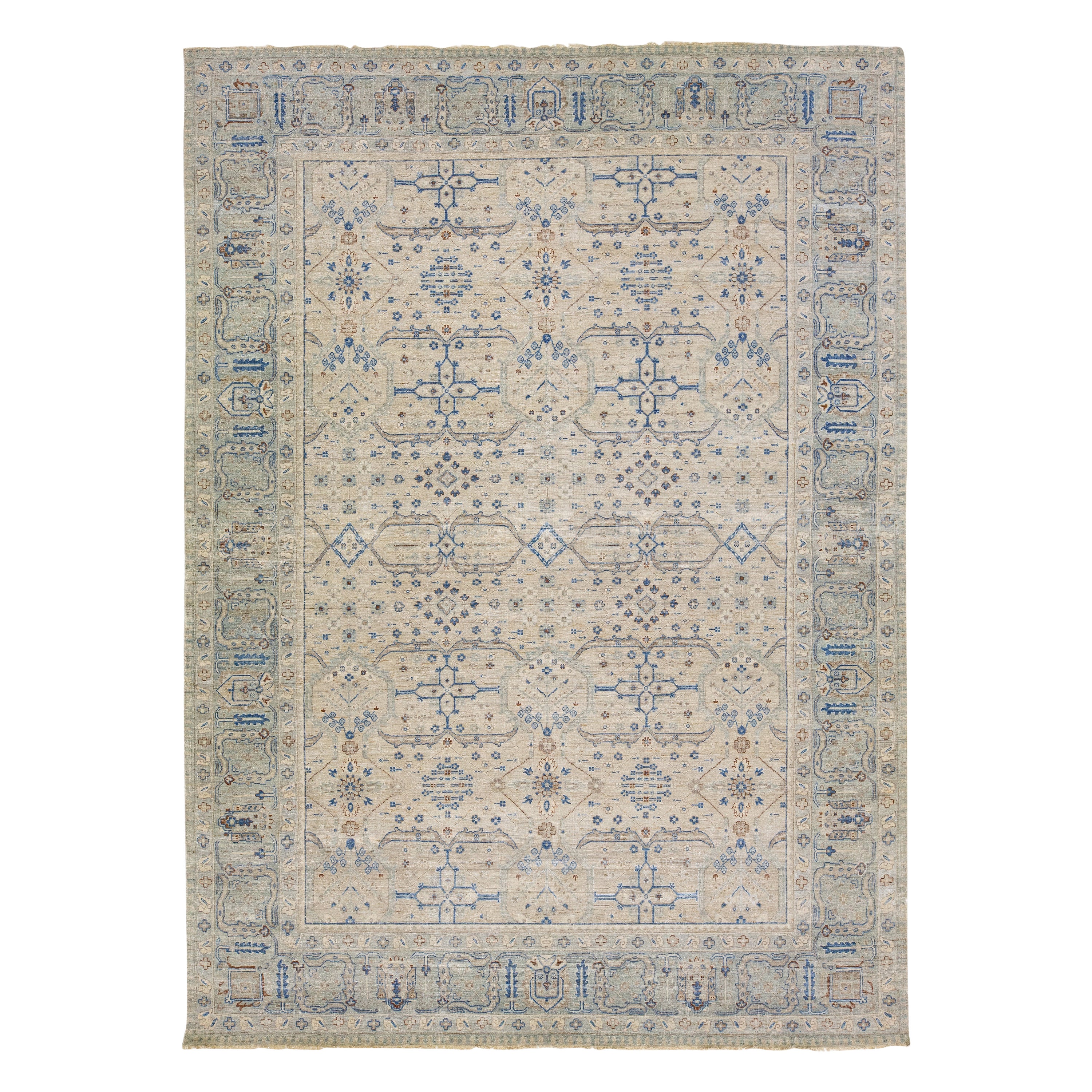 Beige Modern Indian Handmade Geometric Wool Rug by Apadana