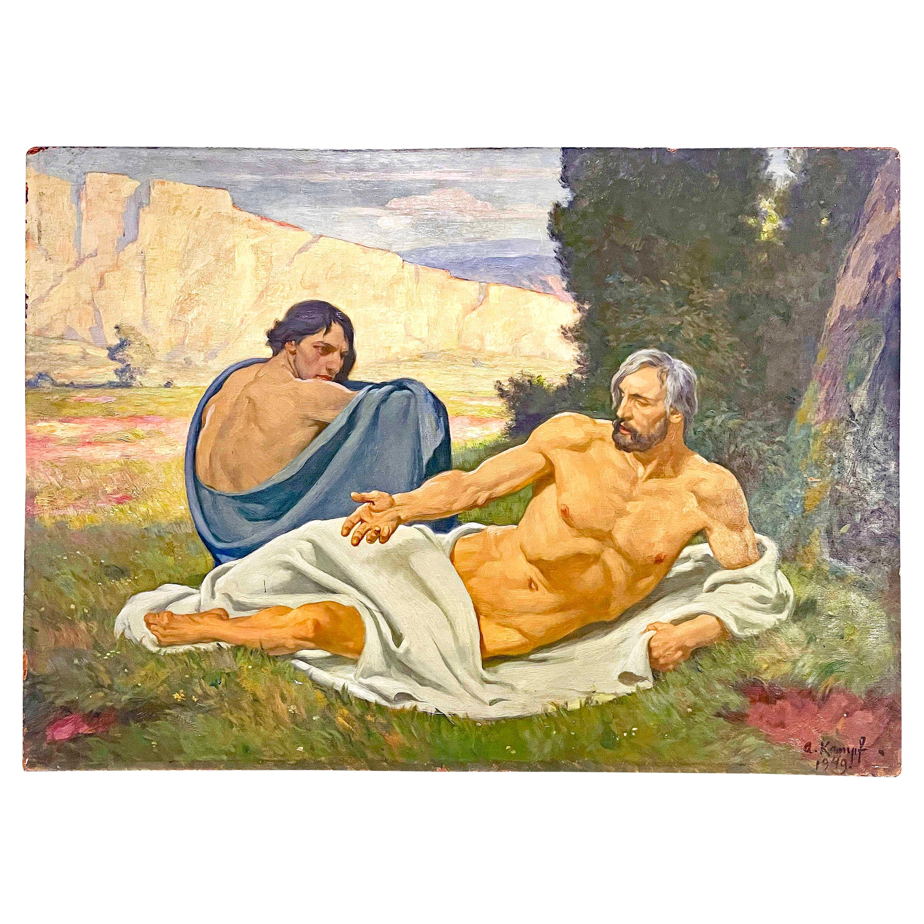 "Two Philosophers", 1948 Painting with Two Male Nudes by Arthur Kampf For Sale