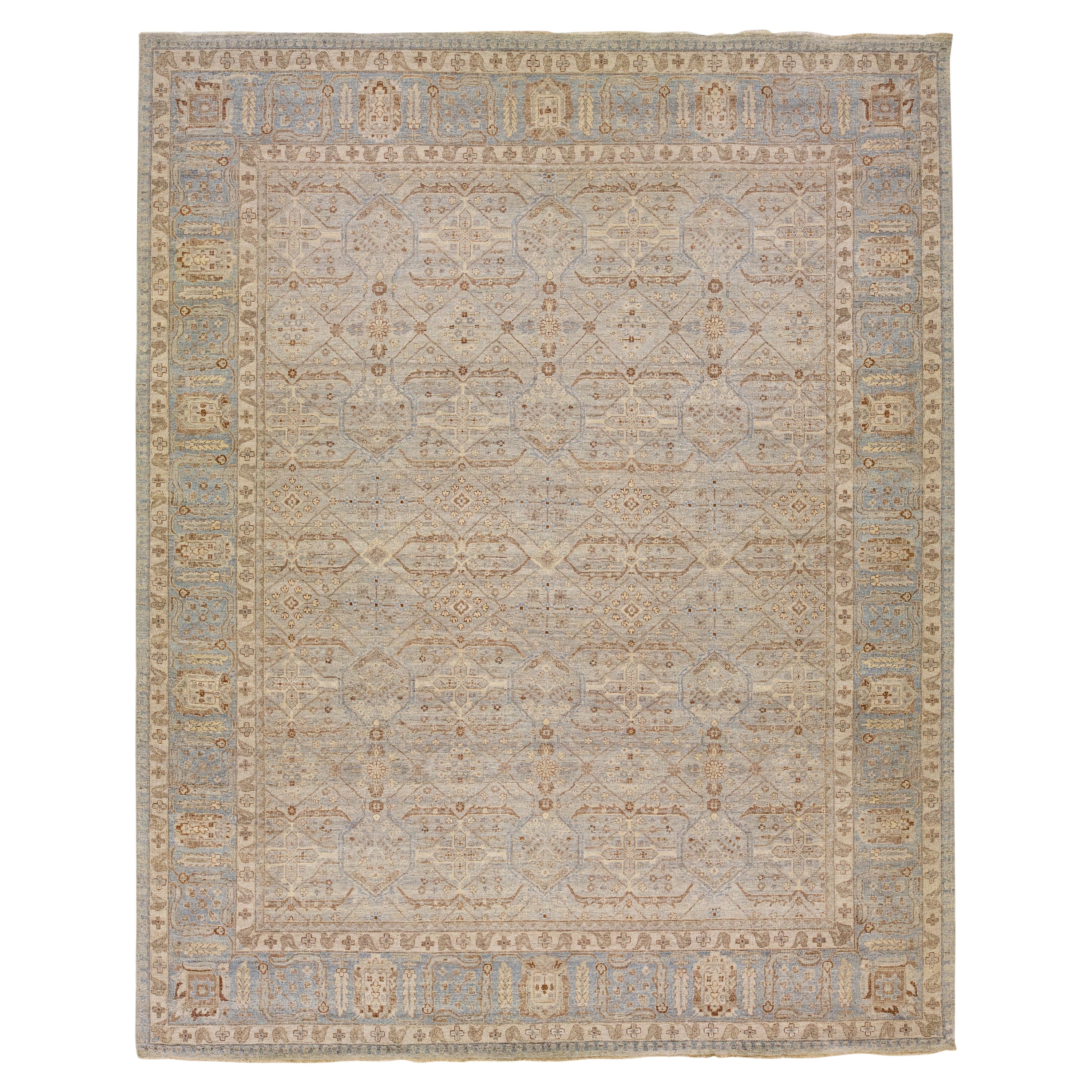 Oversize Modern Indian Handmade Geometric Blue Wool Rug by Apadana For Sale