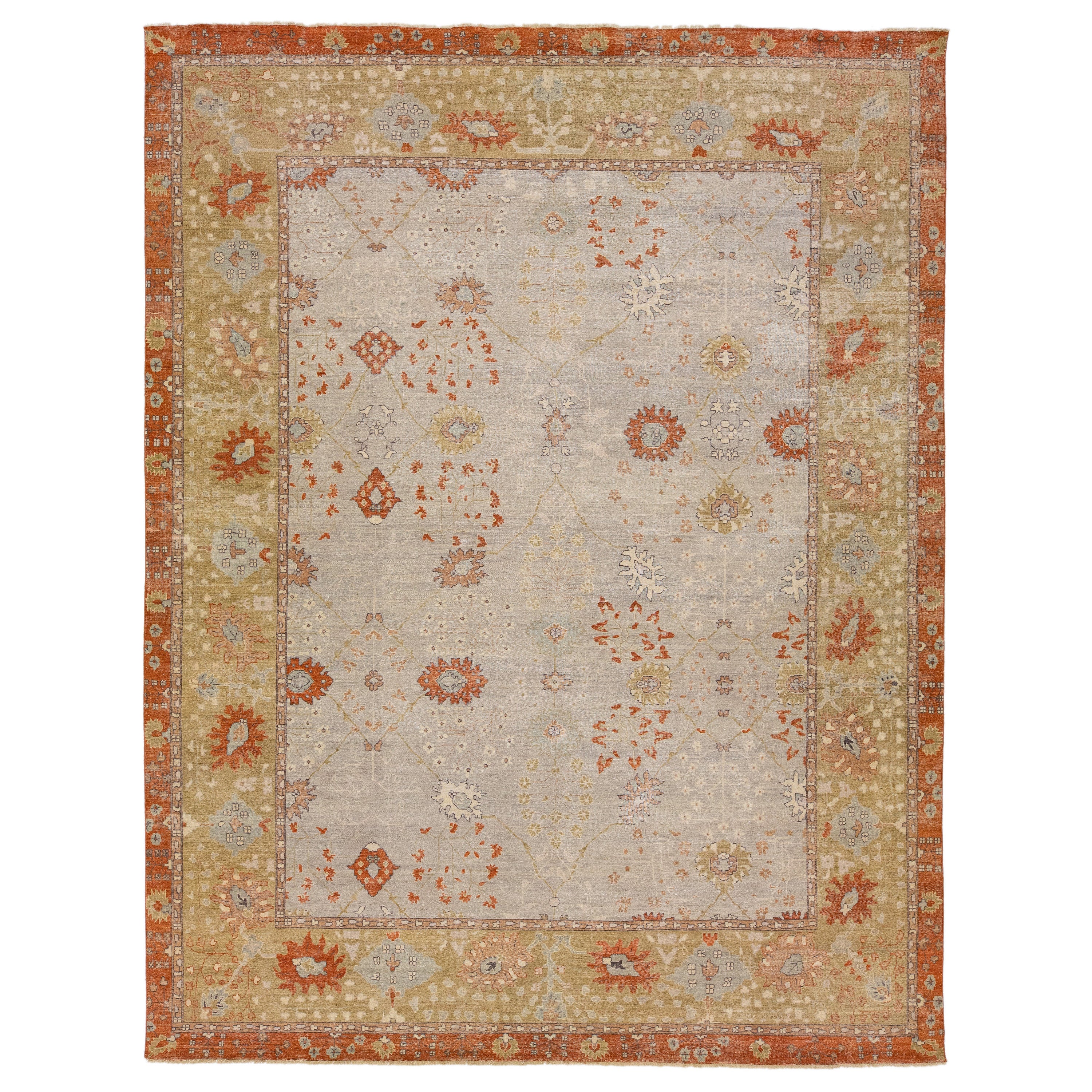 Moderner handgefertigter indischer Teppich aus Täbris mit Blumenmuster in Grau und Orange von Apadana im Angebot