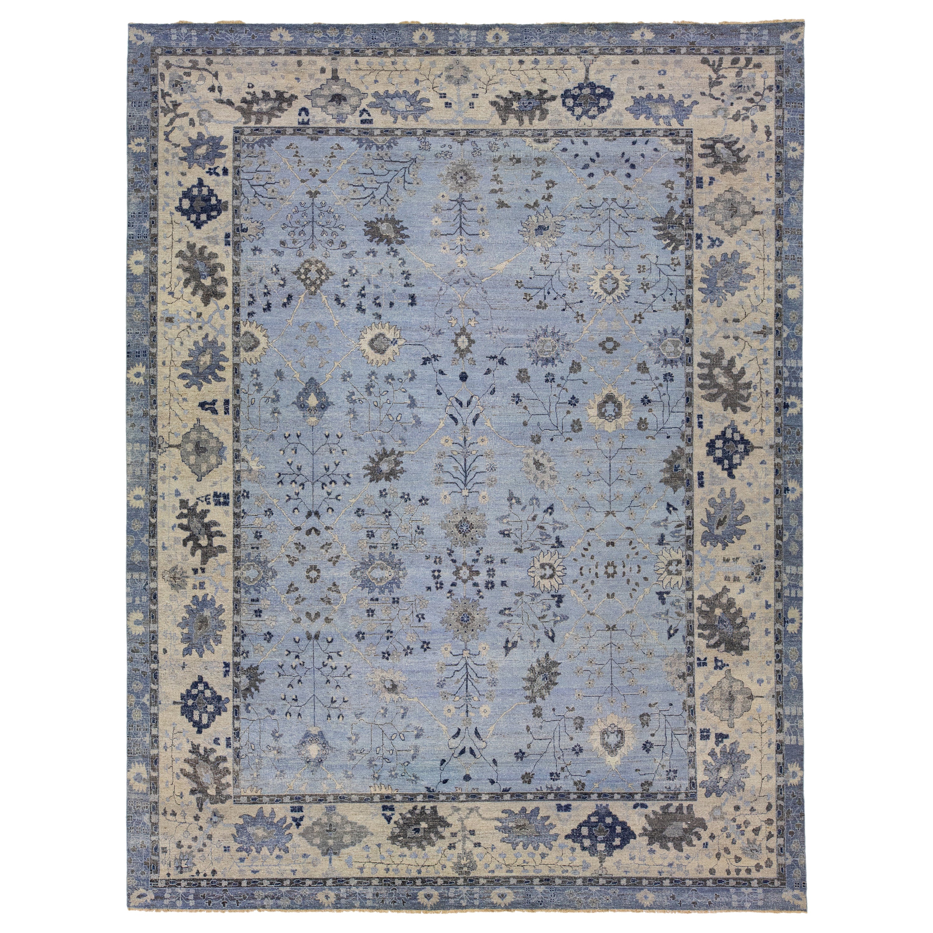 Apadana's Artisan Collection Handmade Floral Indian Wool Rug in Light Blue For Sale