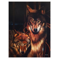 Vintage Wolves Painting Eric Scott Oil on Canvas 1980s Art Artwork Animals Realism