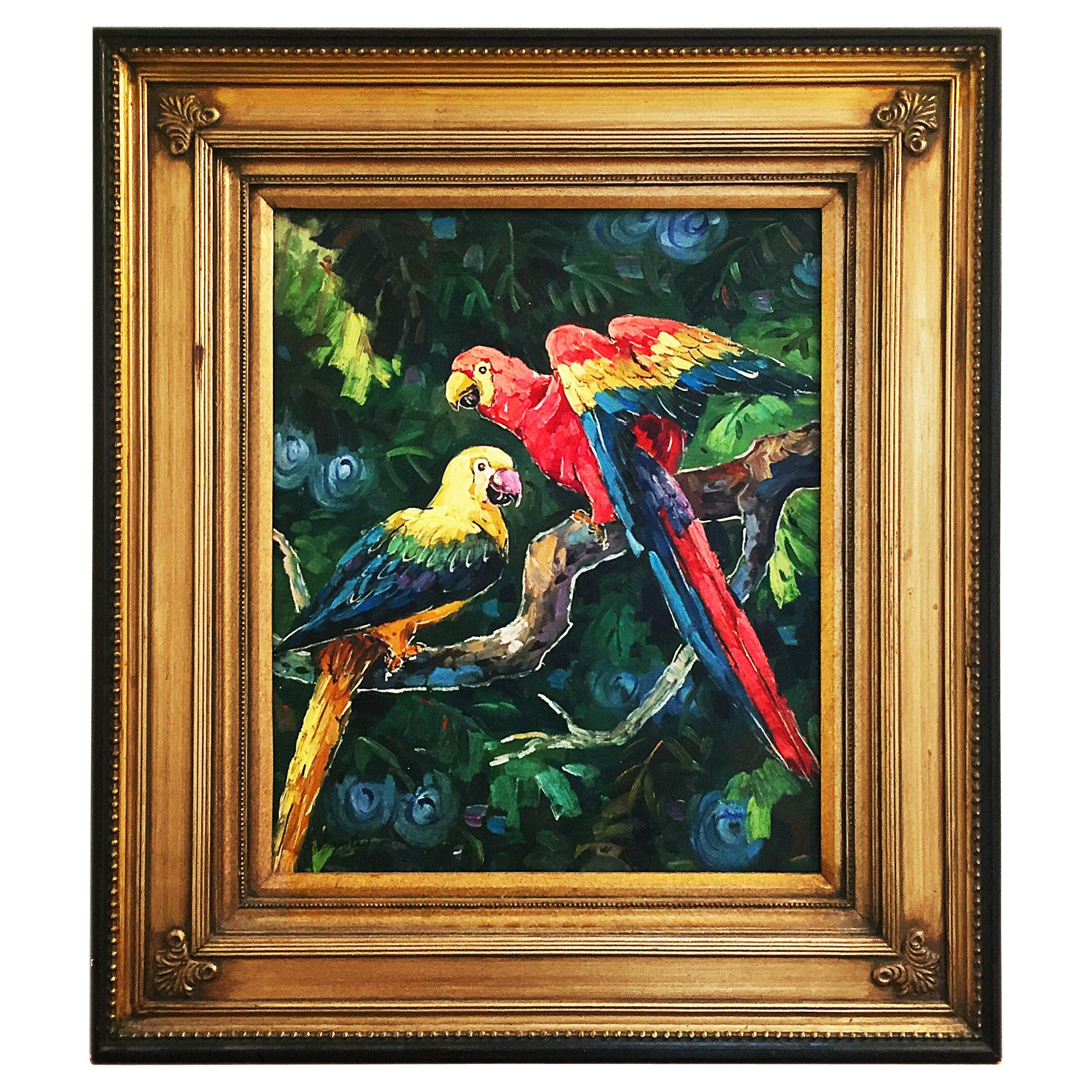 Paire de perroquets exotiques peinture à l'huile sur toile, cadre doré, années 1990  en vente