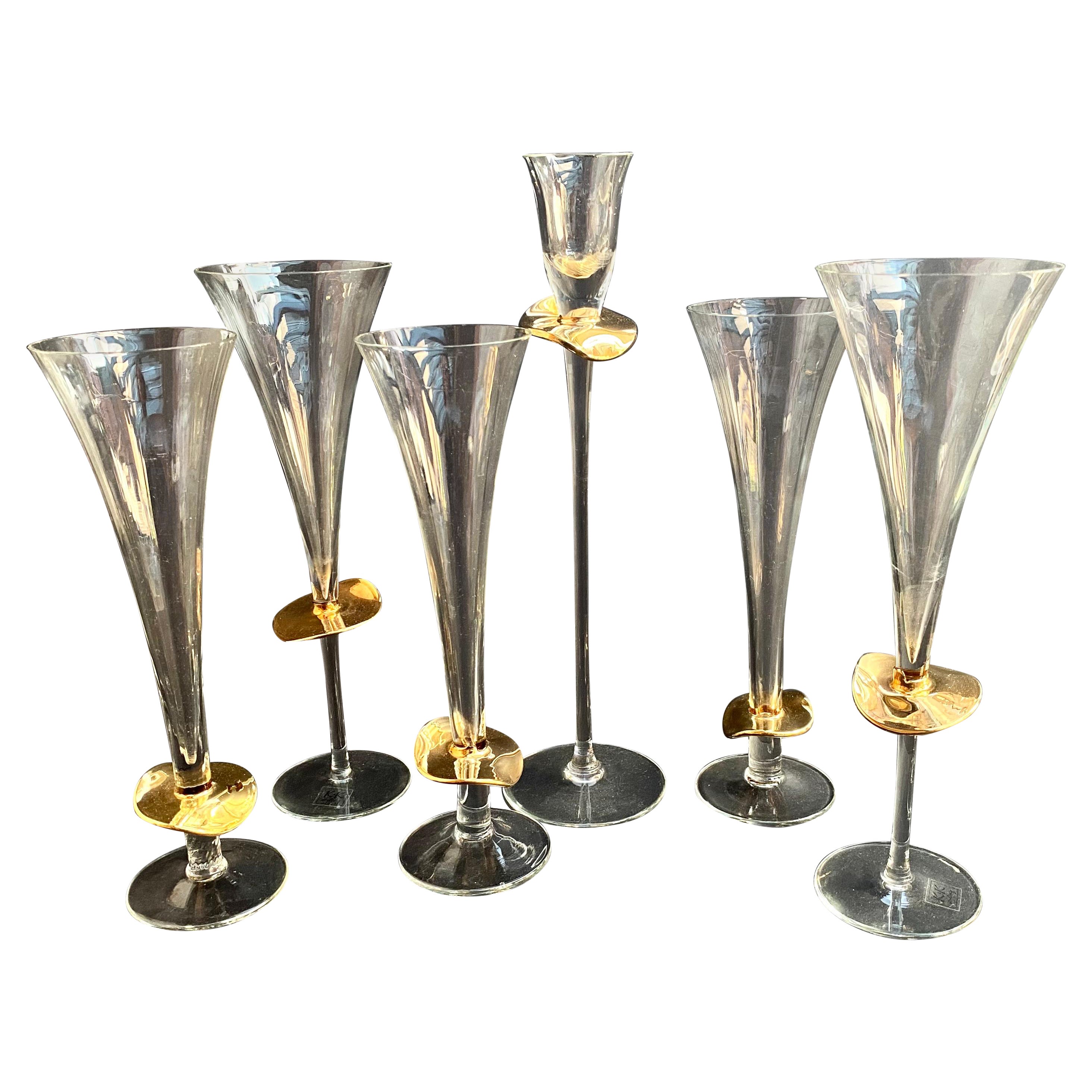 Vintage Set of 4 Crystal Glasses & Candlestick by K&K Styling 24k Gold, Germany For Sale
