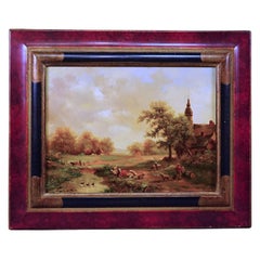 Antique Shepherd with Herd in a Victorian Landscape, Oil on Wood, 19th Century