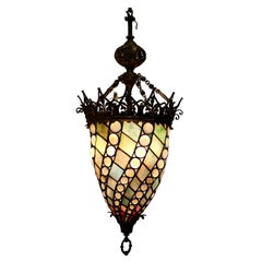 Large Arts and Crafts Stained Glass Hall Lantern Ceiling Light