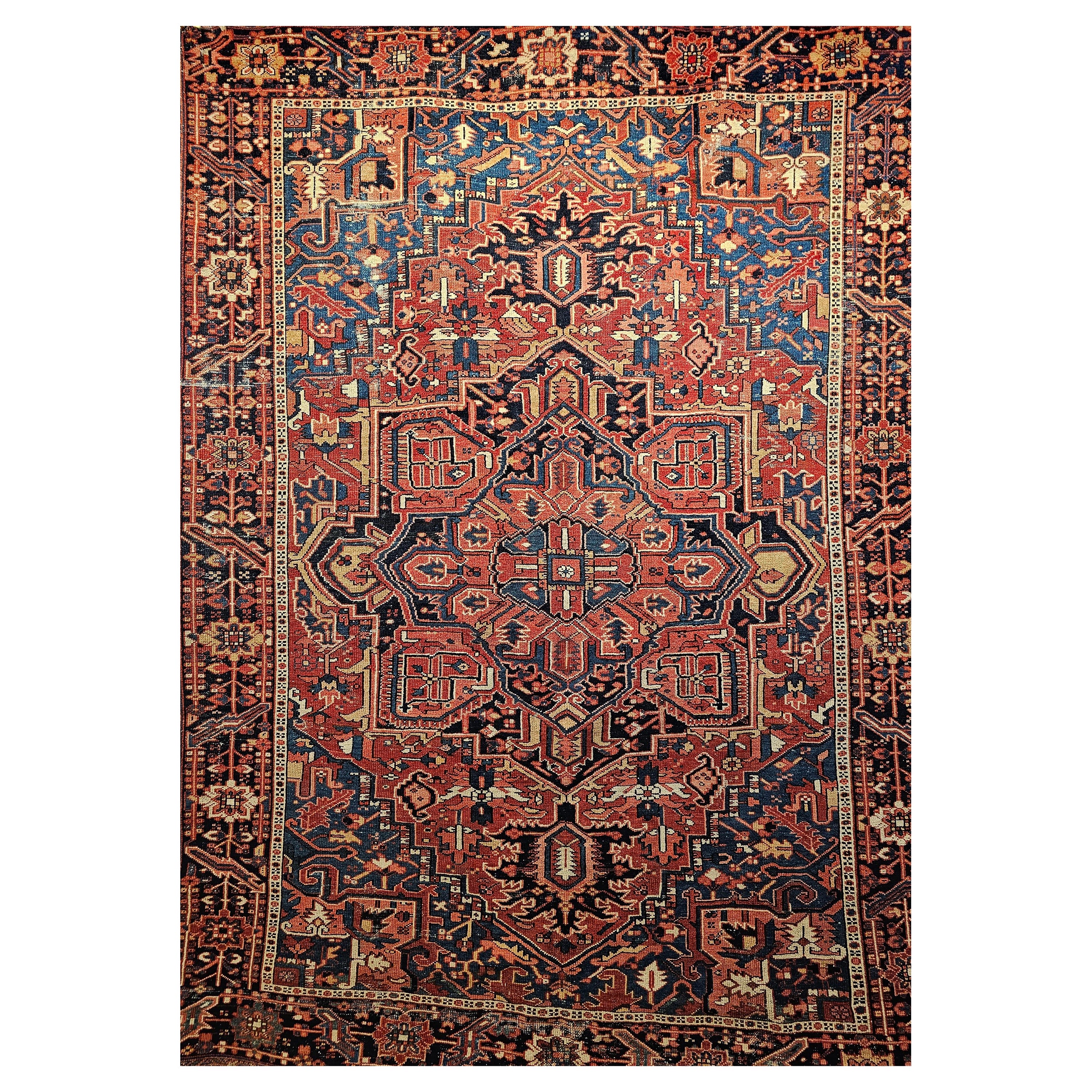 Vintage Persian Heriz Serapi with Abrash French Blue, Yellow, and Red Colors For Sale