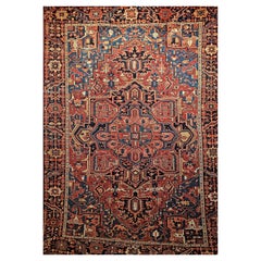 Antique Persian Heriz Serapi with Abrash French Blue, Yellow, and Red Colors