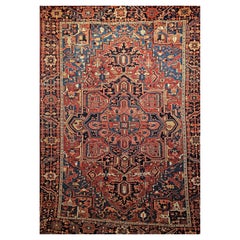 19th Century Persian Heriz Serapi Rug in Rust Red, French Blue, Ivory, Navy
