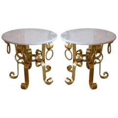 Vintage Gold Leaf Gilded Iron and Marble-Top End or Side Tables Pair of Italian