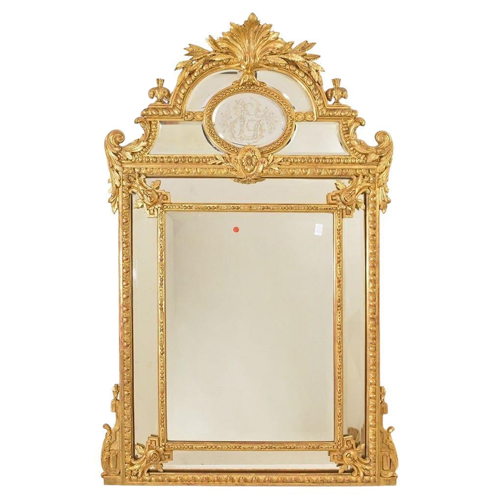 Beautiful Antique Gold Mirror, Wall Mirror with Volutes, Gold Leaf Frame, 19th C