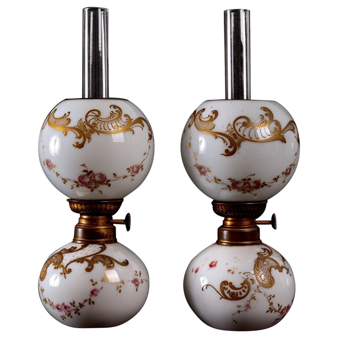 Pair of Quinquet, White Opaline, Maison Baccarat, Period: Early 19th Century For Sale