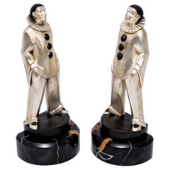 Pair Of Bookends - Silver Bronze - Pierrots - Max Le Verrier - Period: Art Deco