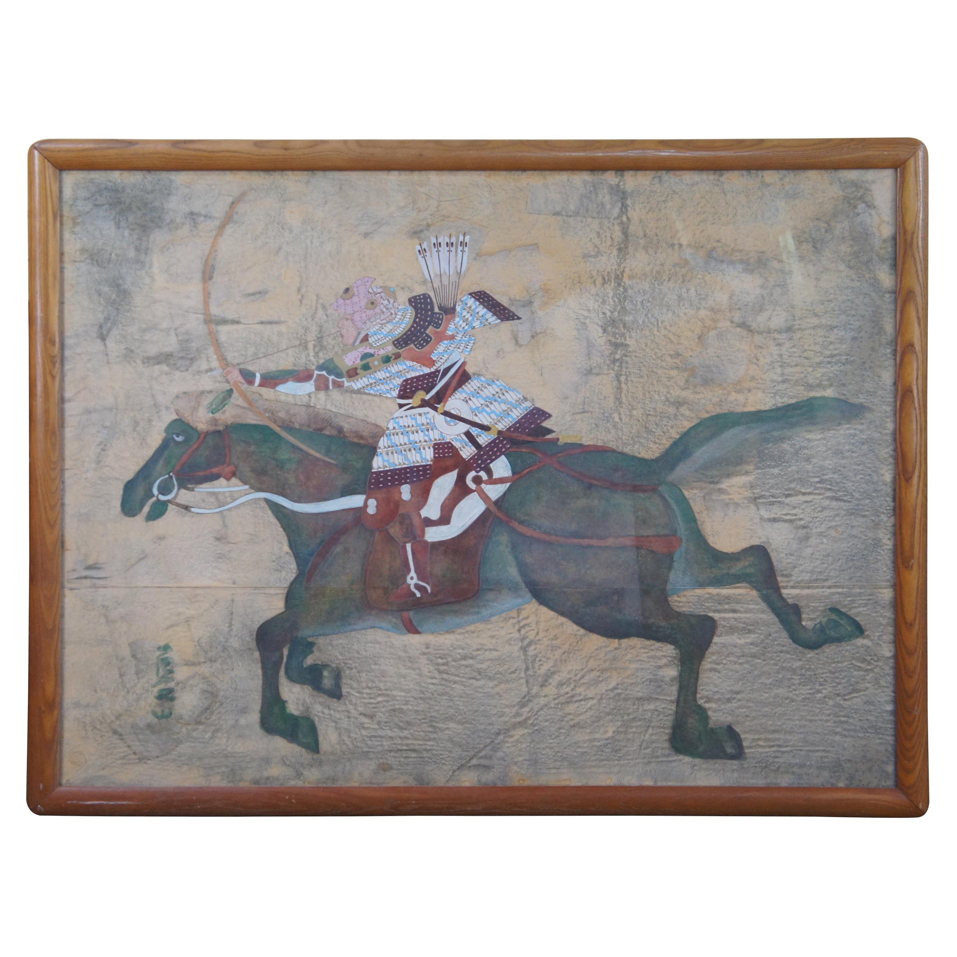 Japanese Imperial Samurai Warrior Minamoto Horseback Watercolor Painting For Sale