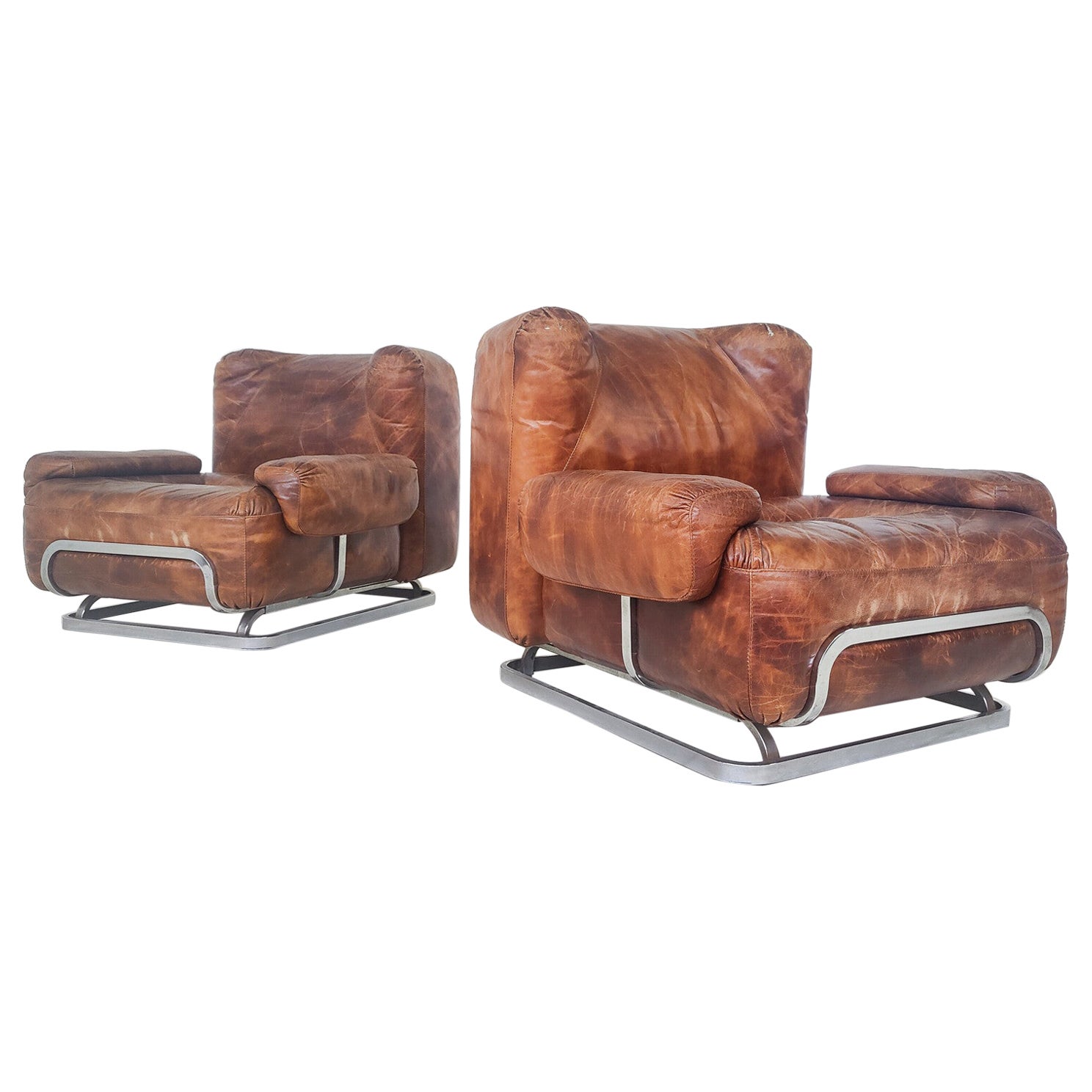 Mid-Century Modern Pair of Leather and Chrome Armchairs, Italy, 1970s
