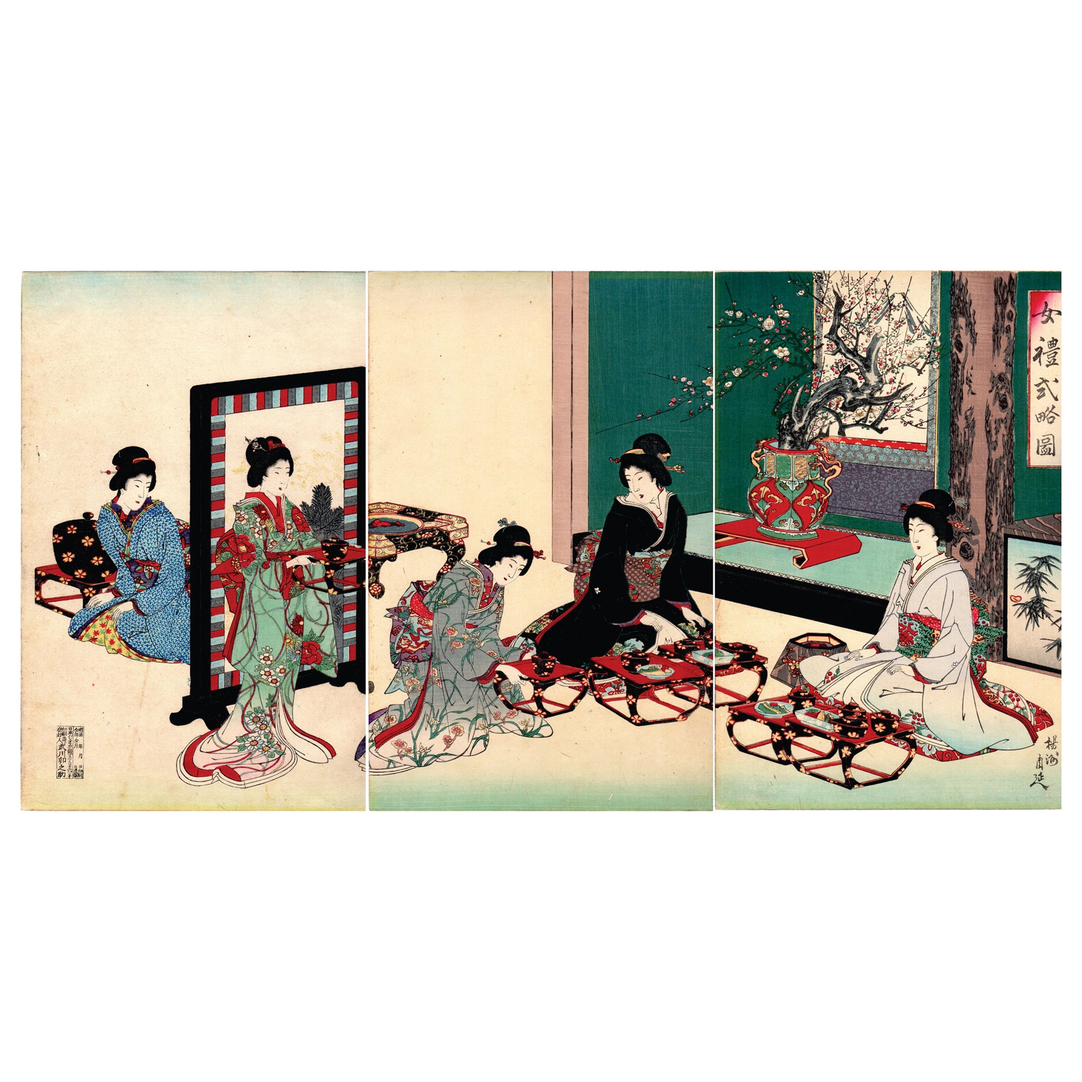 Triptyque japonais original de gravures sur bois en couleurs de Toyohara Chikanobu