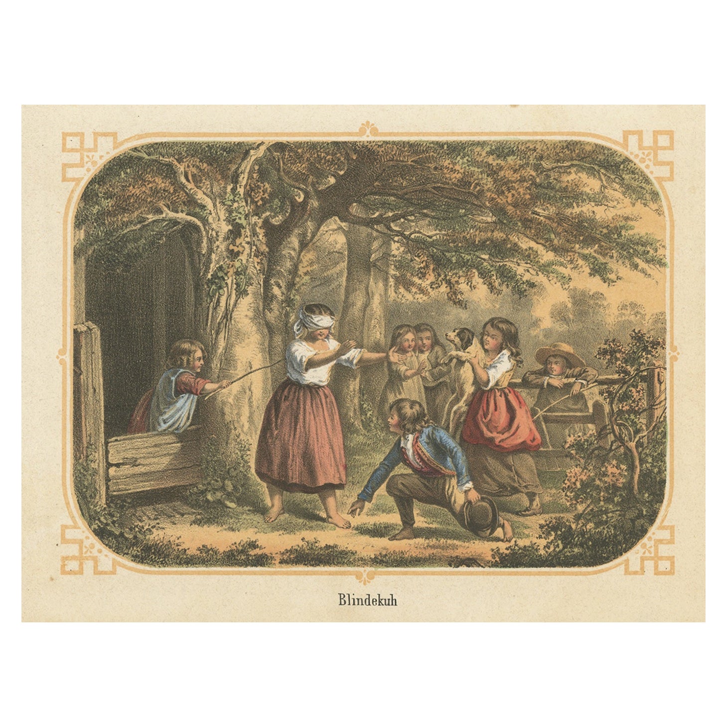 Antique Print of Children Playing a Blindfold Game For Sale