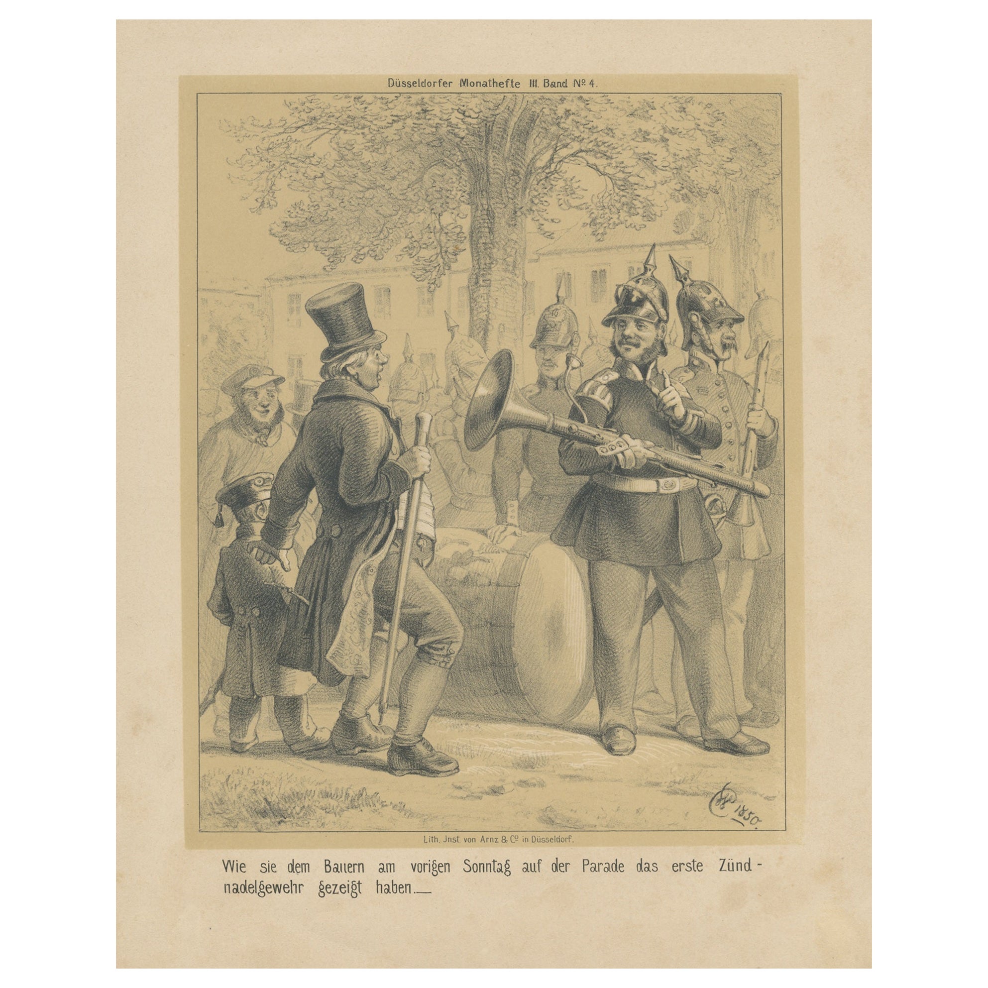 Humorous Antique Print of Musicians Showing Their 'Gun' to a Farmer