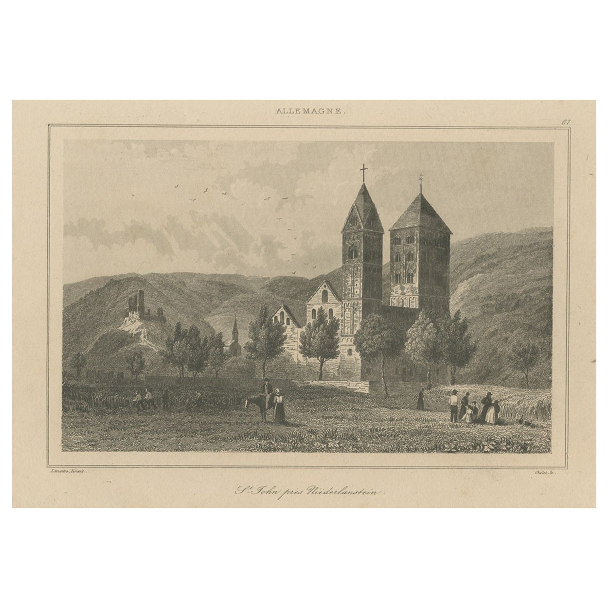 Antique Print of of St John's Church near Niederlahnstein, Germany For Sale