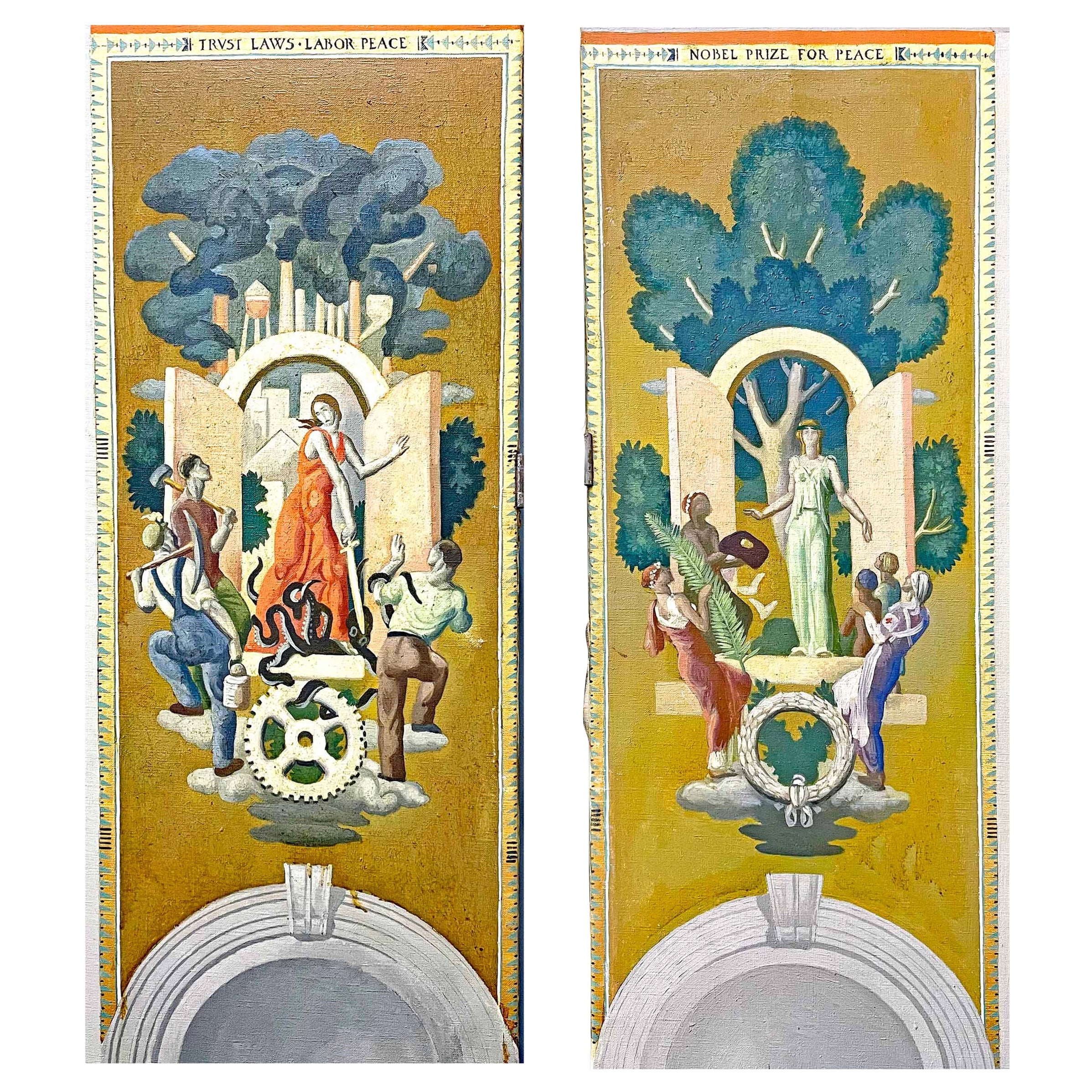 "Nobel Prize for Peace", Pair of Mural Paintings by Savage, "Trust Law Labor"