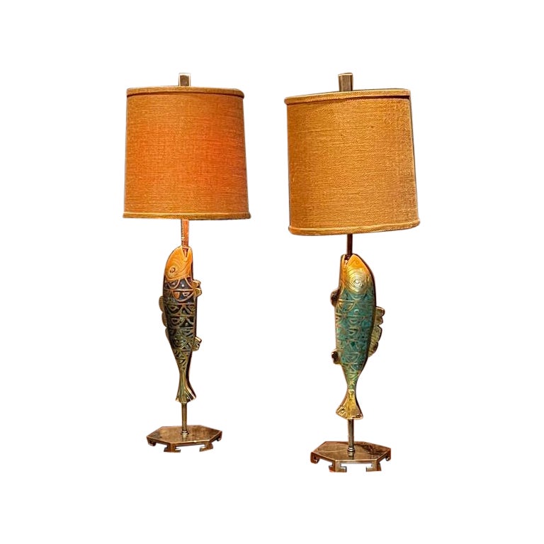 Lampes de table en bronze à motif poisson de Pepe Mendoza des années 1960, malachite et laiton, Mexique en vente